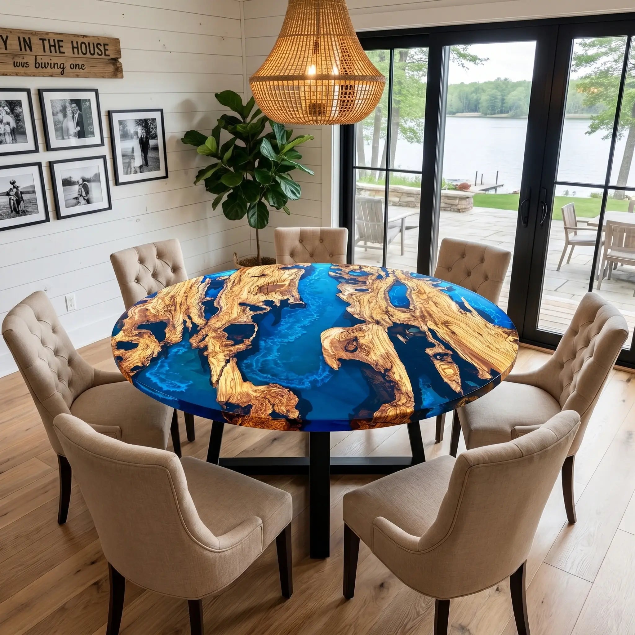 Custom Olive Epoxy Resin Round Coffee Table Blue Resin