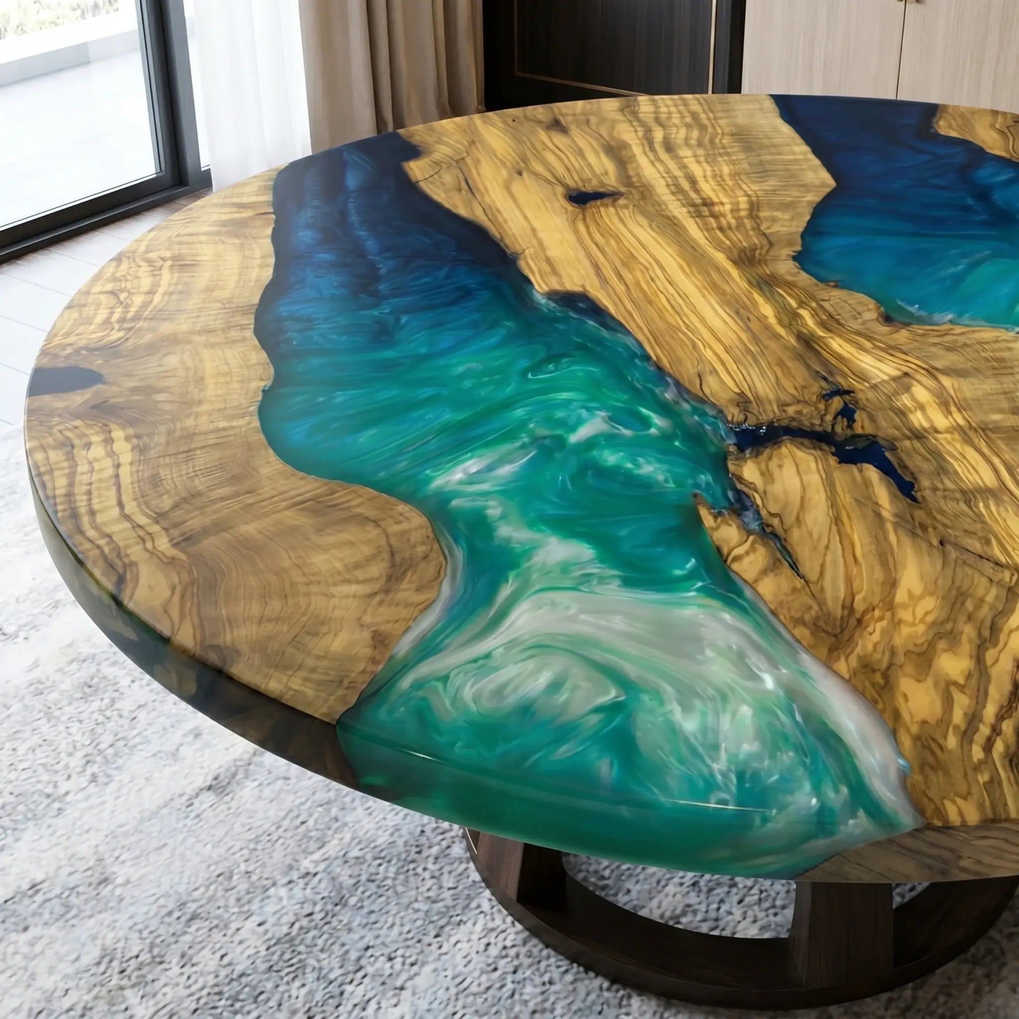Custom Olive Epoxy Resin Round Coffee Table Blue Resin
