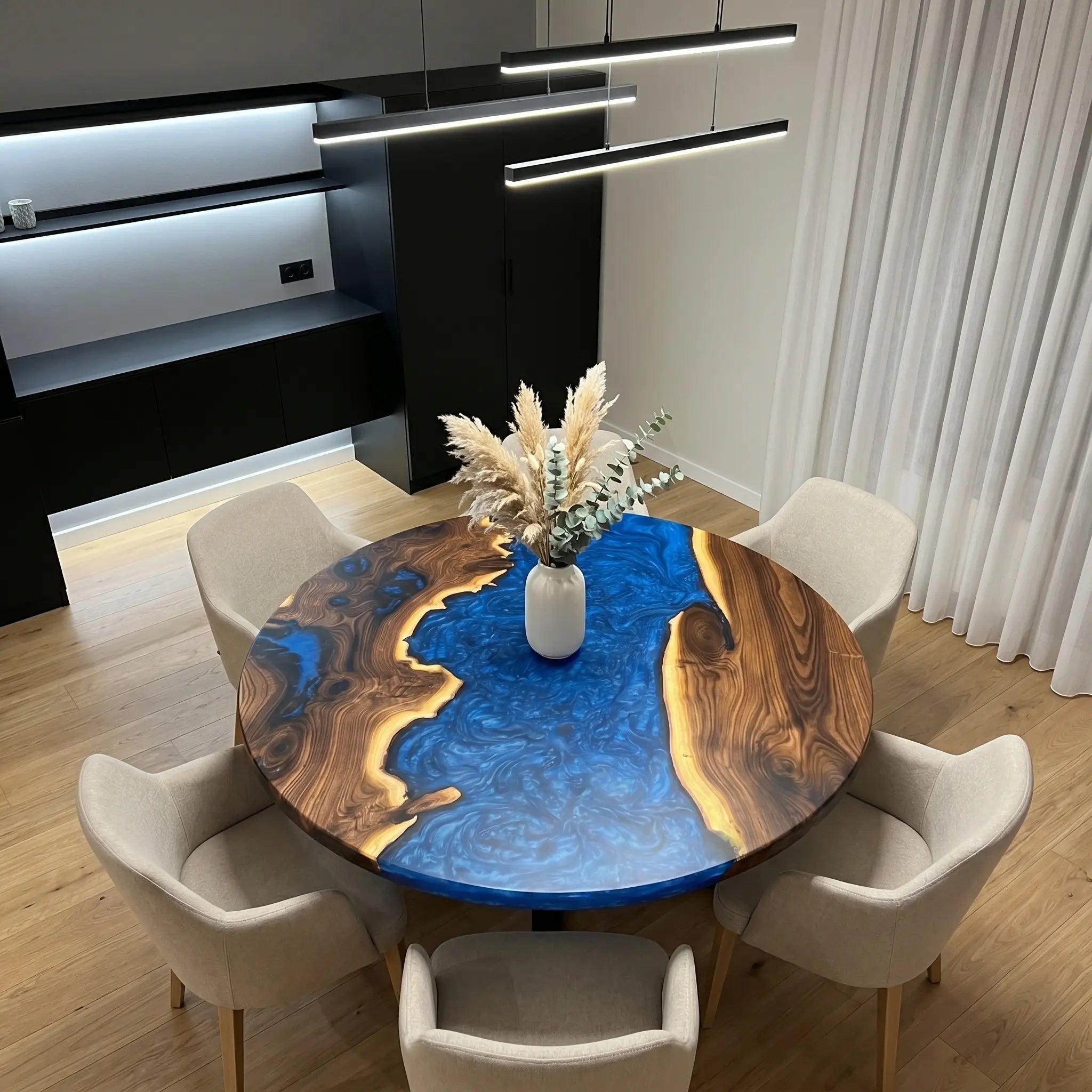 Custom Olive Epoxy Resin Round Coffee Table Blue Resin