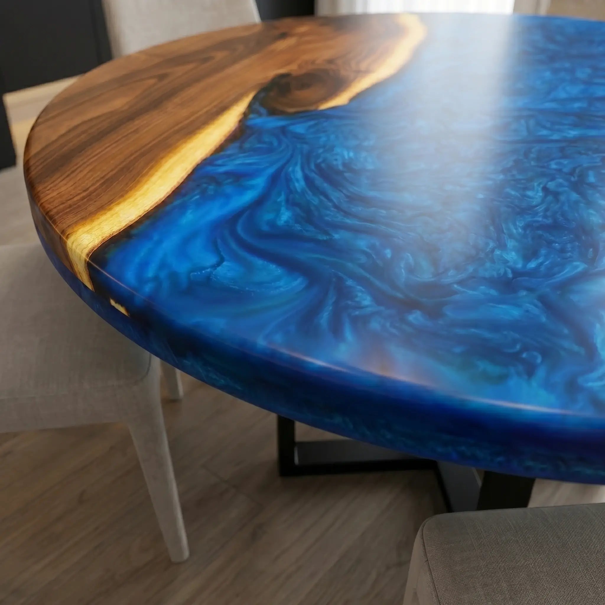 Custom Olive Epoxy Resin Round Coffee Table Blue Resin