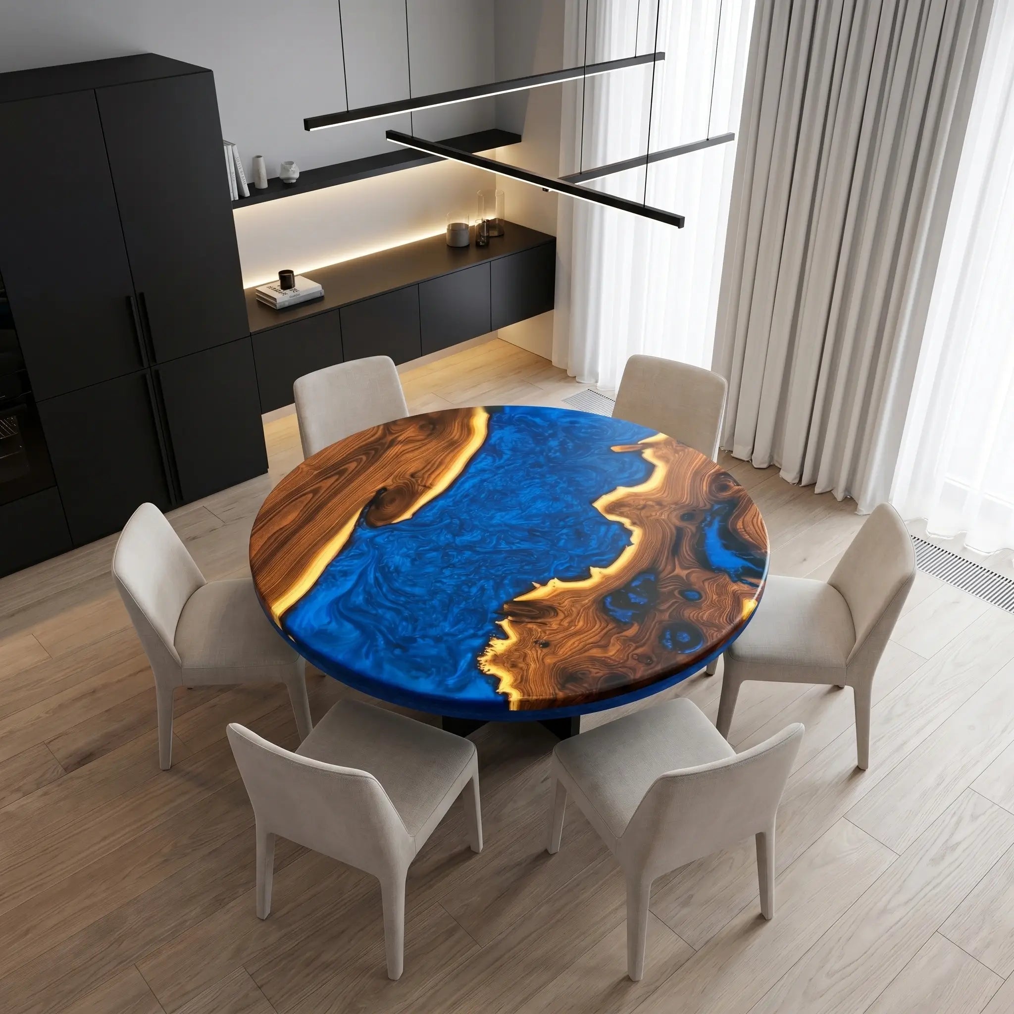 Custom Olive Epoxy Resin Round Coffee Table Blue Resin