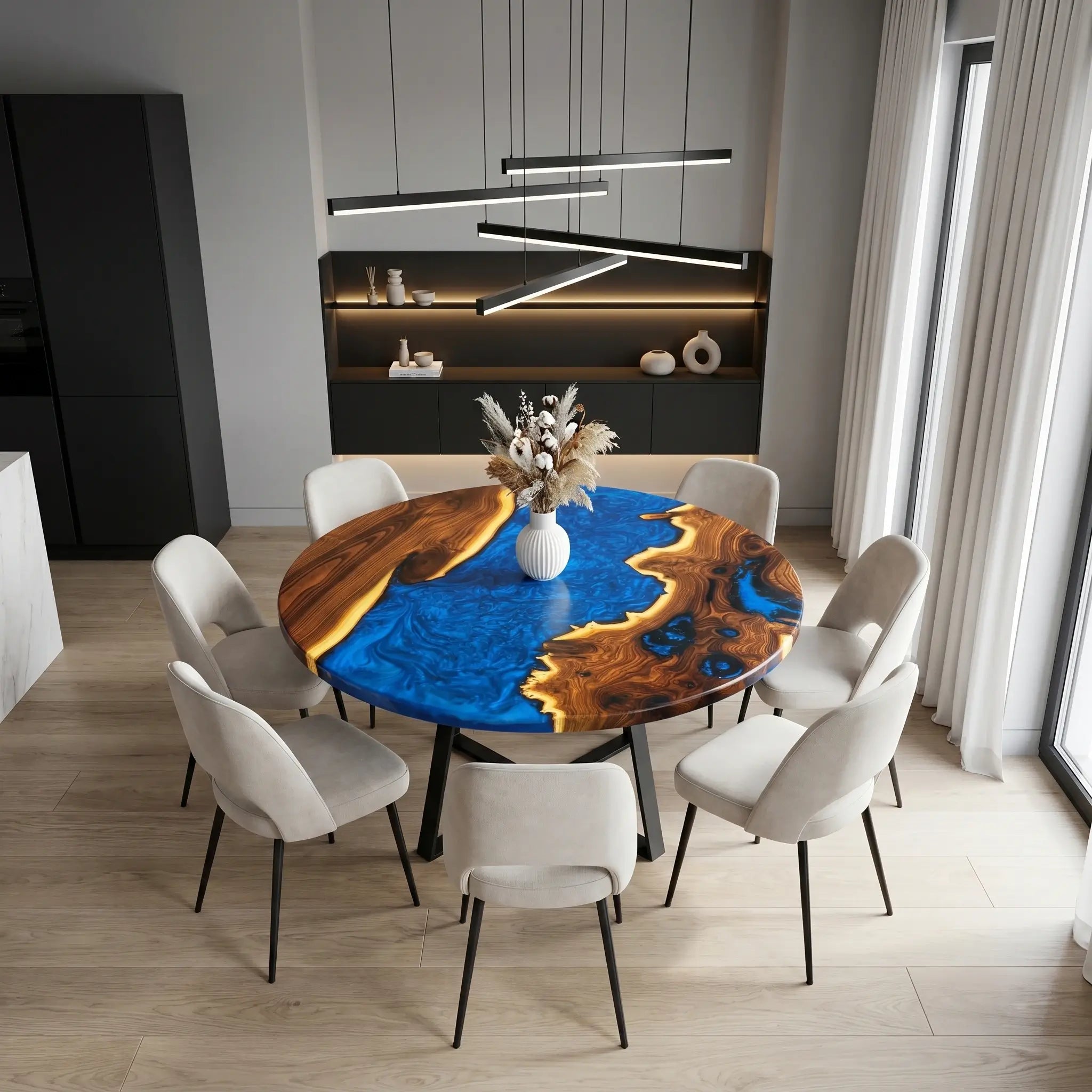 Custom Olive Epoxy Resin Round Coffee Table Blue Resin