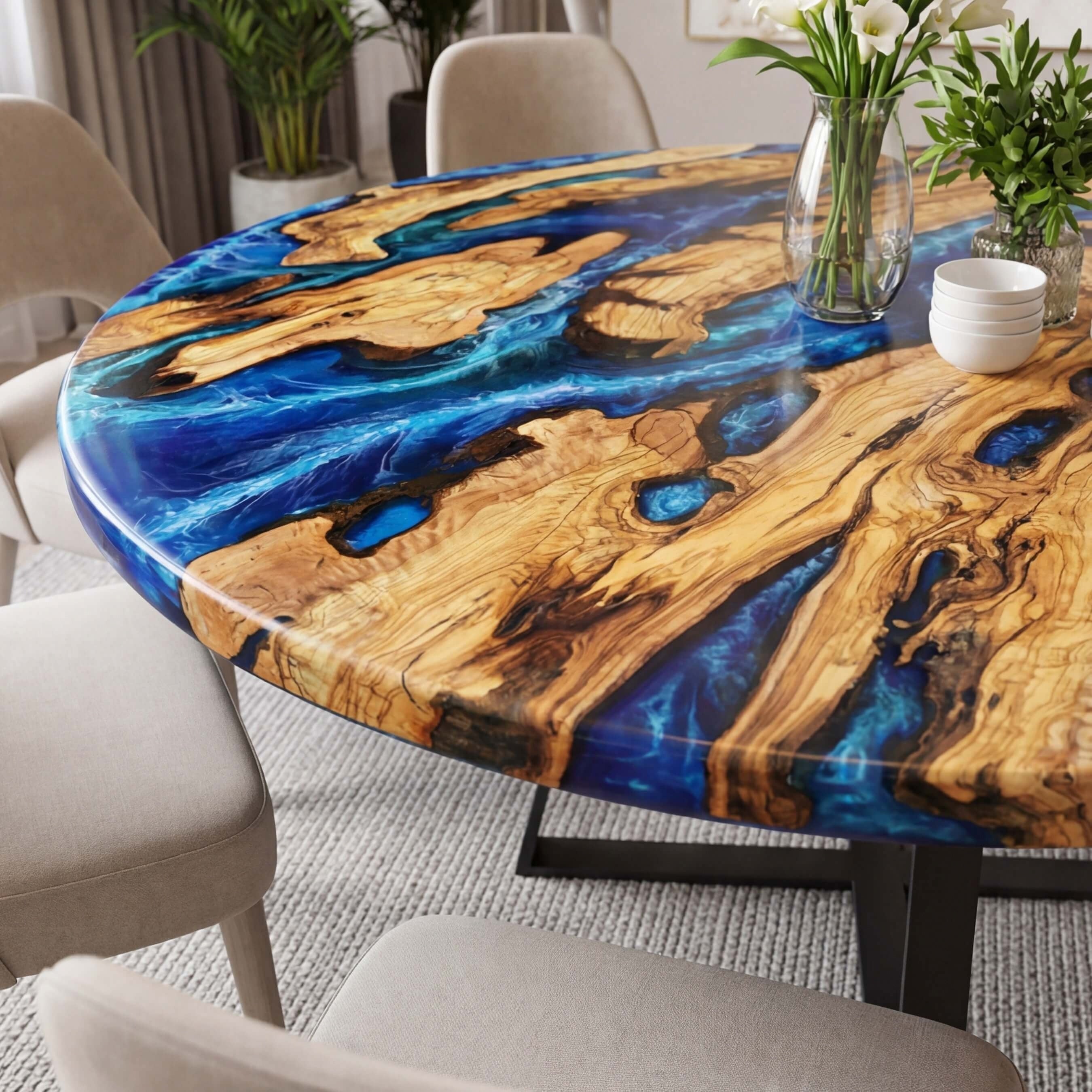 Custom Olive Epoxy Resin Round Coffee Table Blue Resin