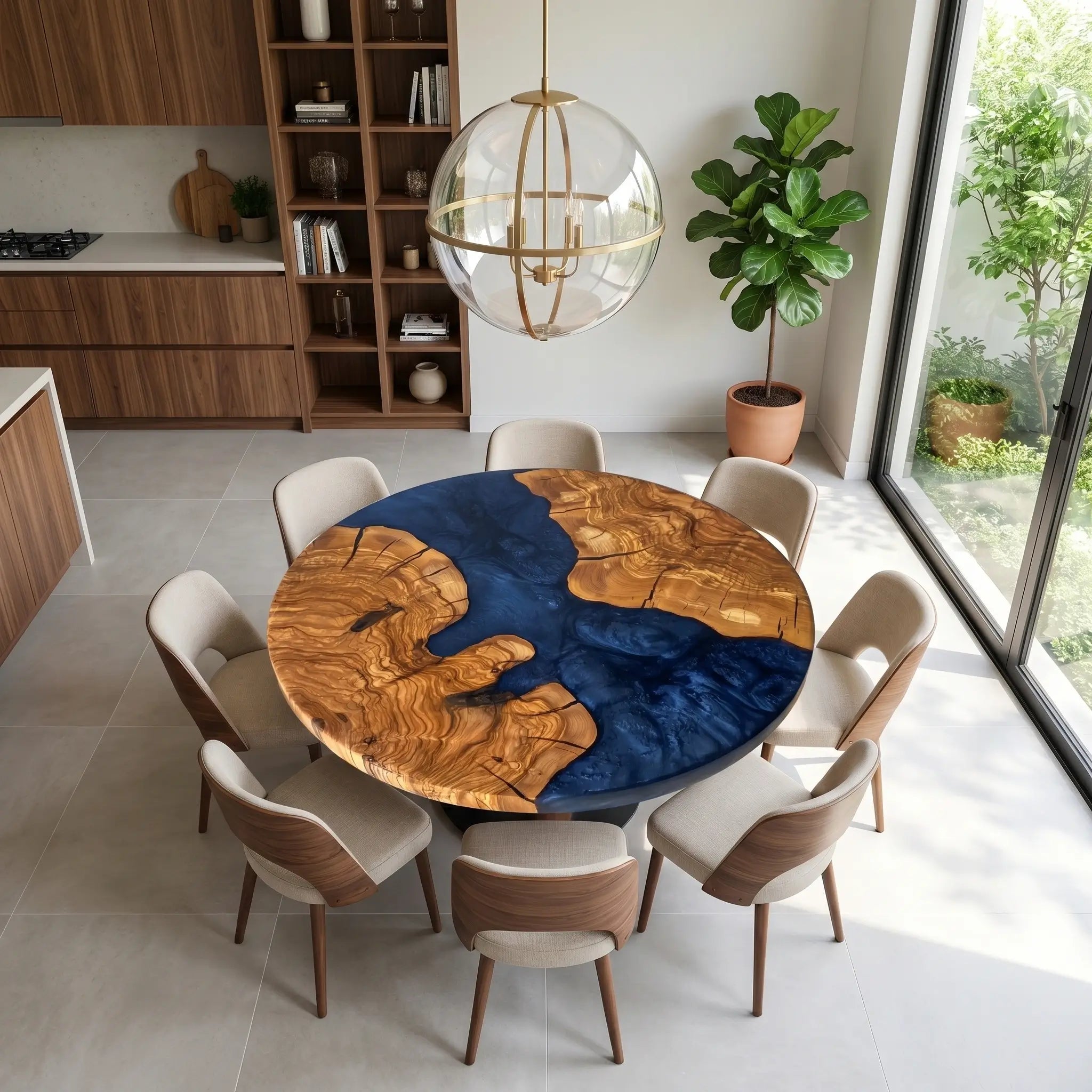 Custom Olive Epoxy Resin Round Coffee Table Blue Resin