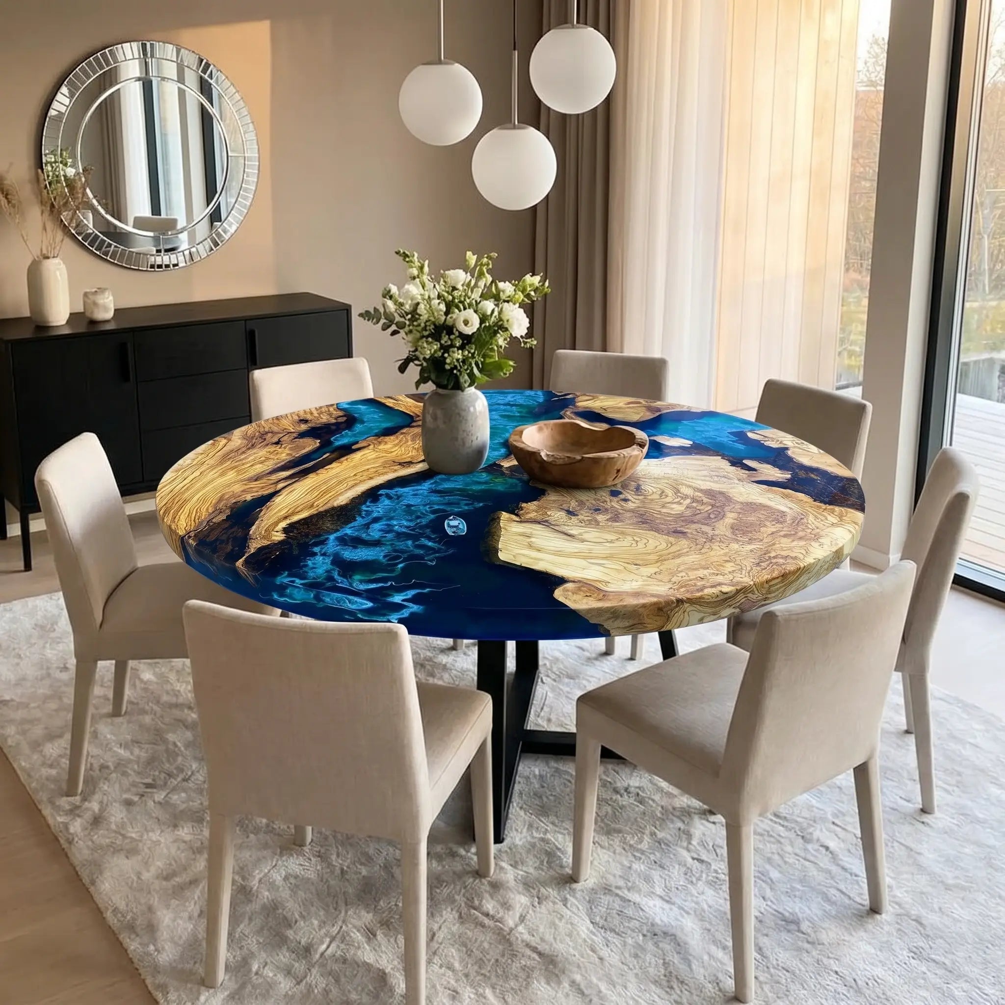 Custom Olive Epoxy Resin Round Coffee Table Blue Waves