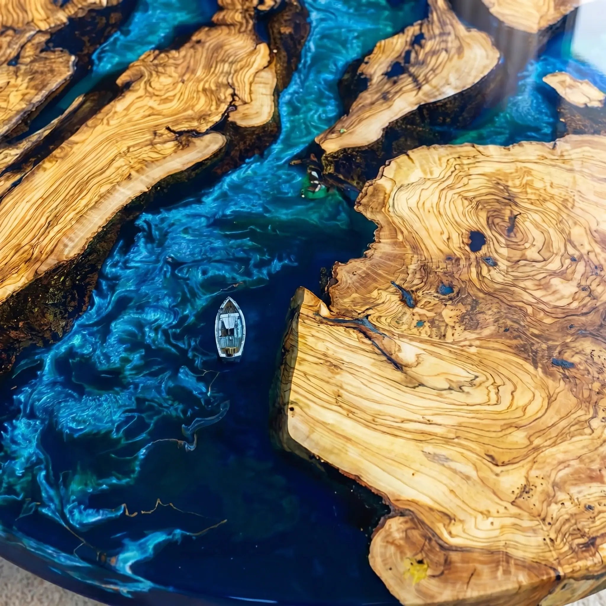 Custom Olive Epoxy Resin Round Coffee Table Blue Waves