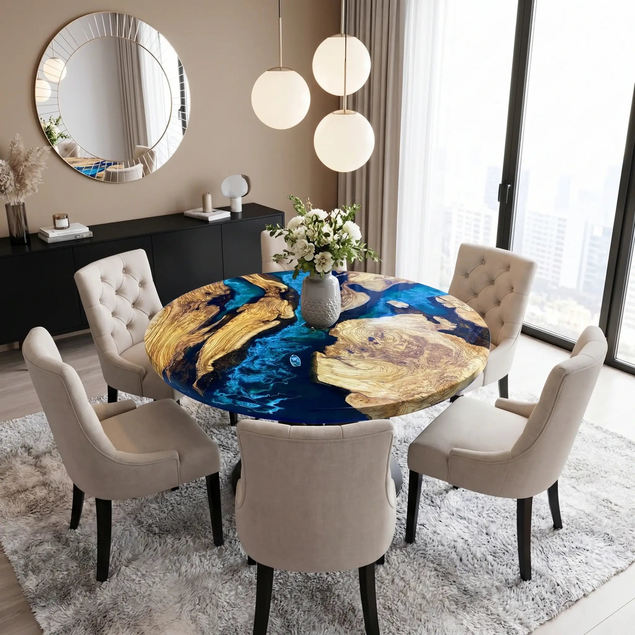 Custom Olive Epoxy Resin Round Coffee Table Blue Waves