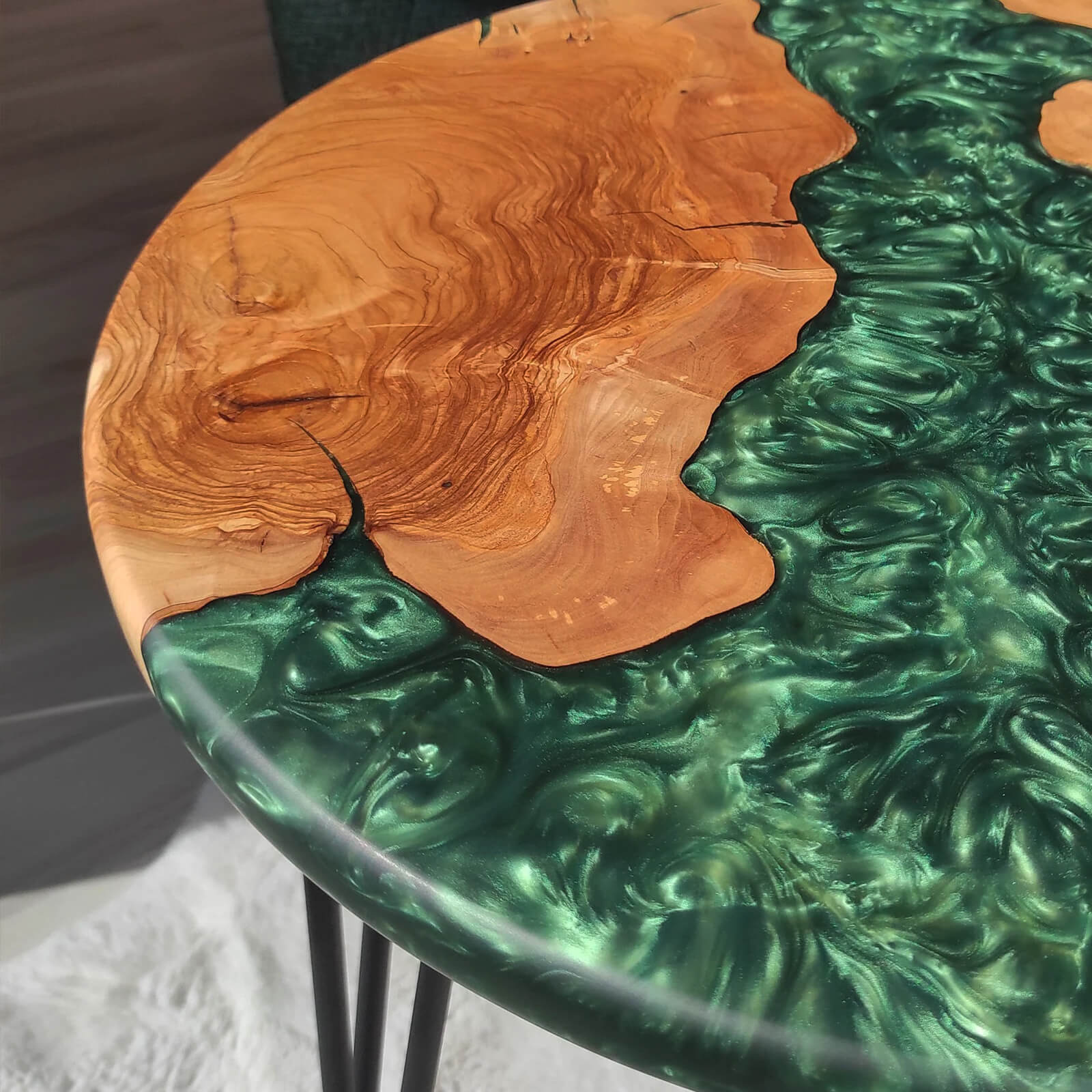 Custom Olive Epoxy Resin Round Coffee Table Green Resin
