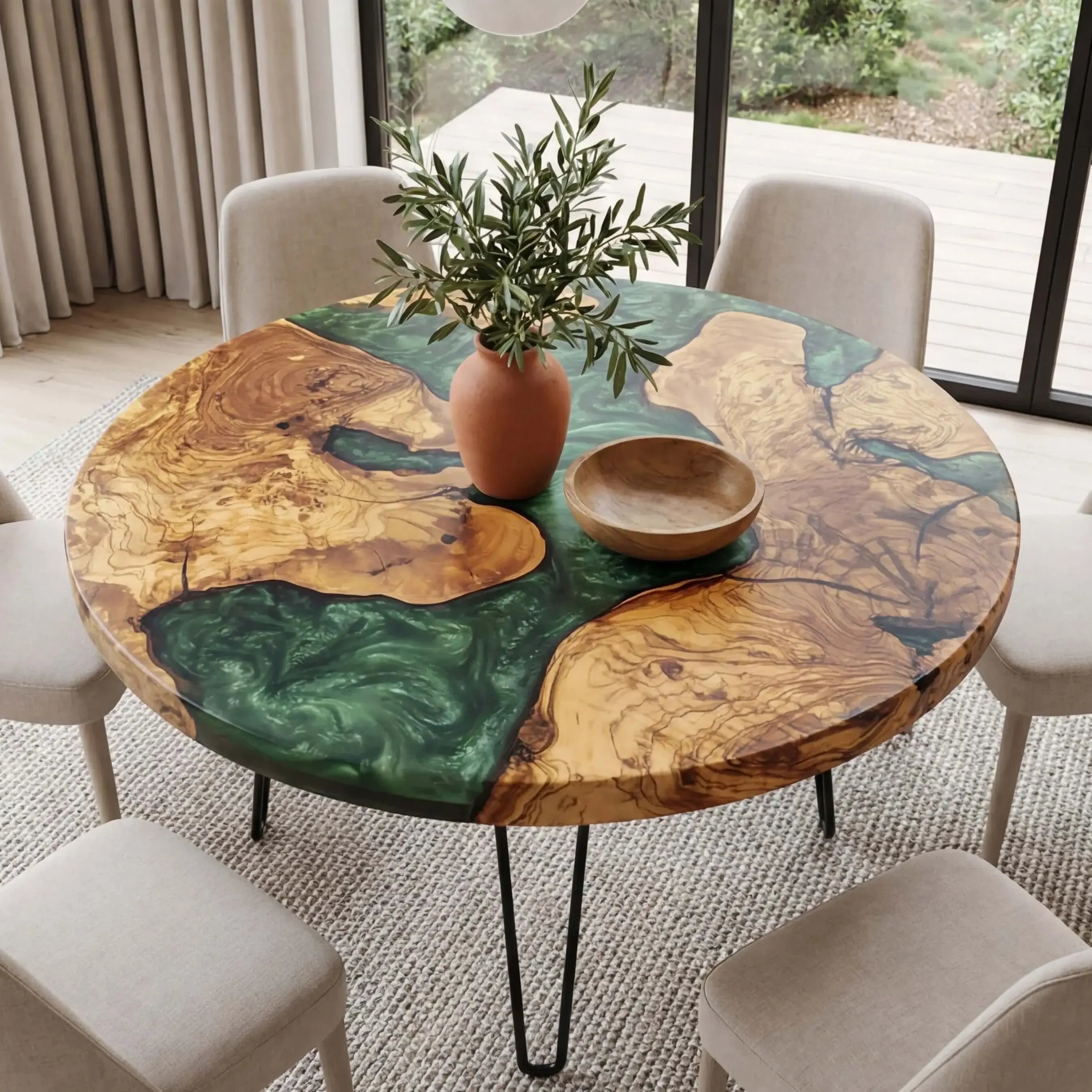 Custom Olive Epoxy Resin Round Coffee Table Green Resin