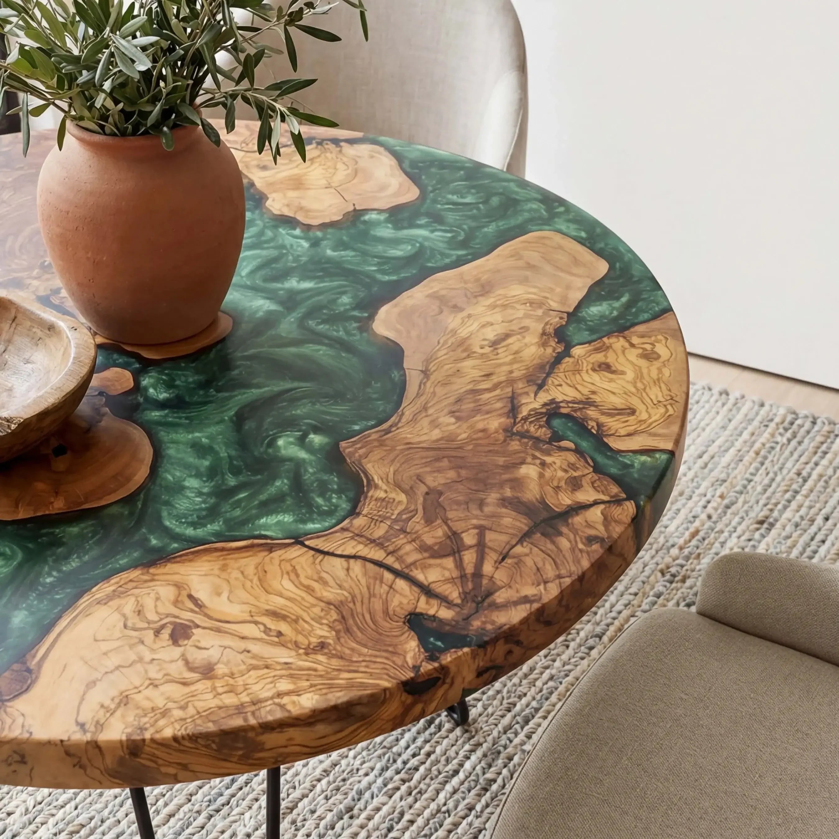 Custom Olive Epoxy Resin Round Coffee Table Green Resin