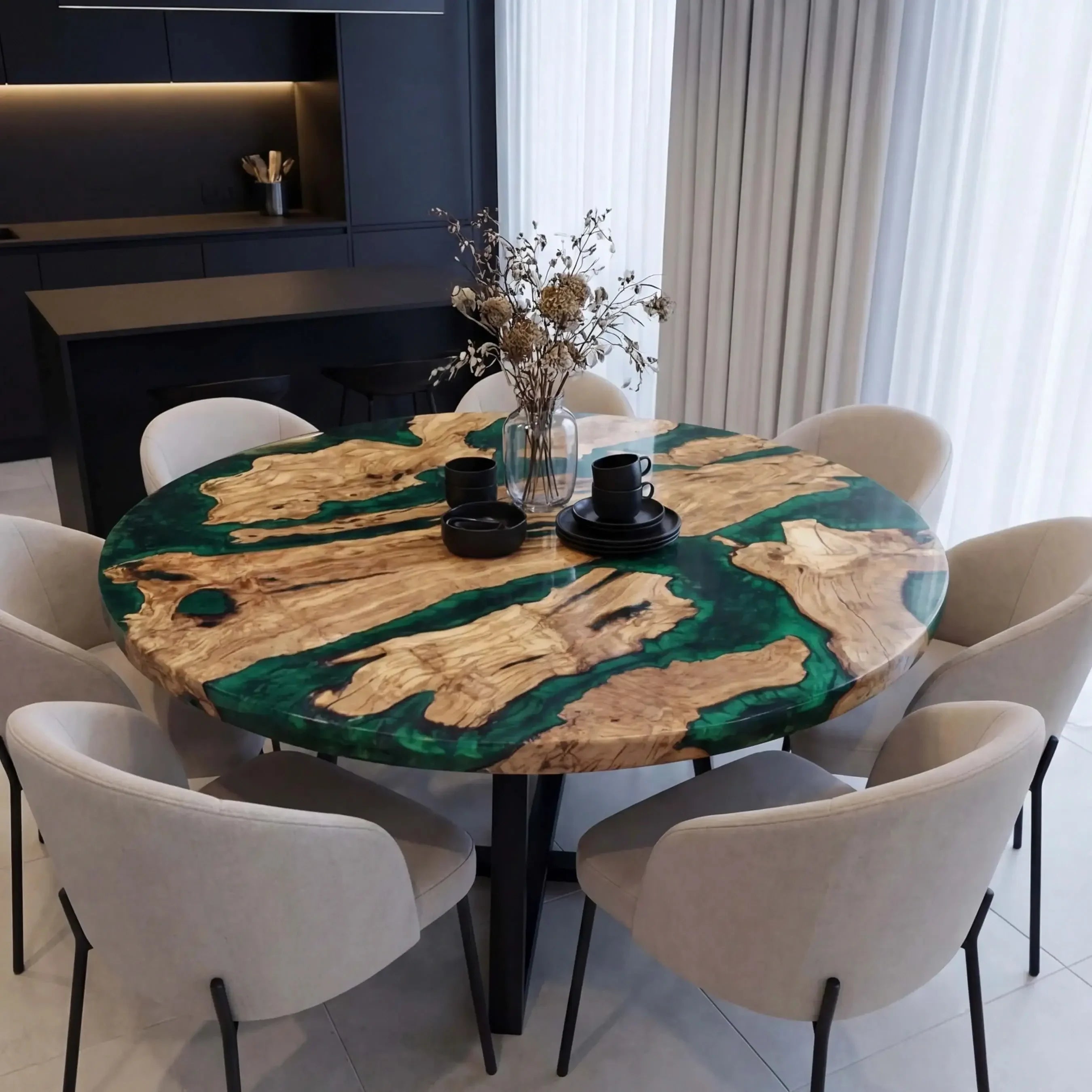 Custom Olive Epoxy Resin Round Coffee Table Green Resin