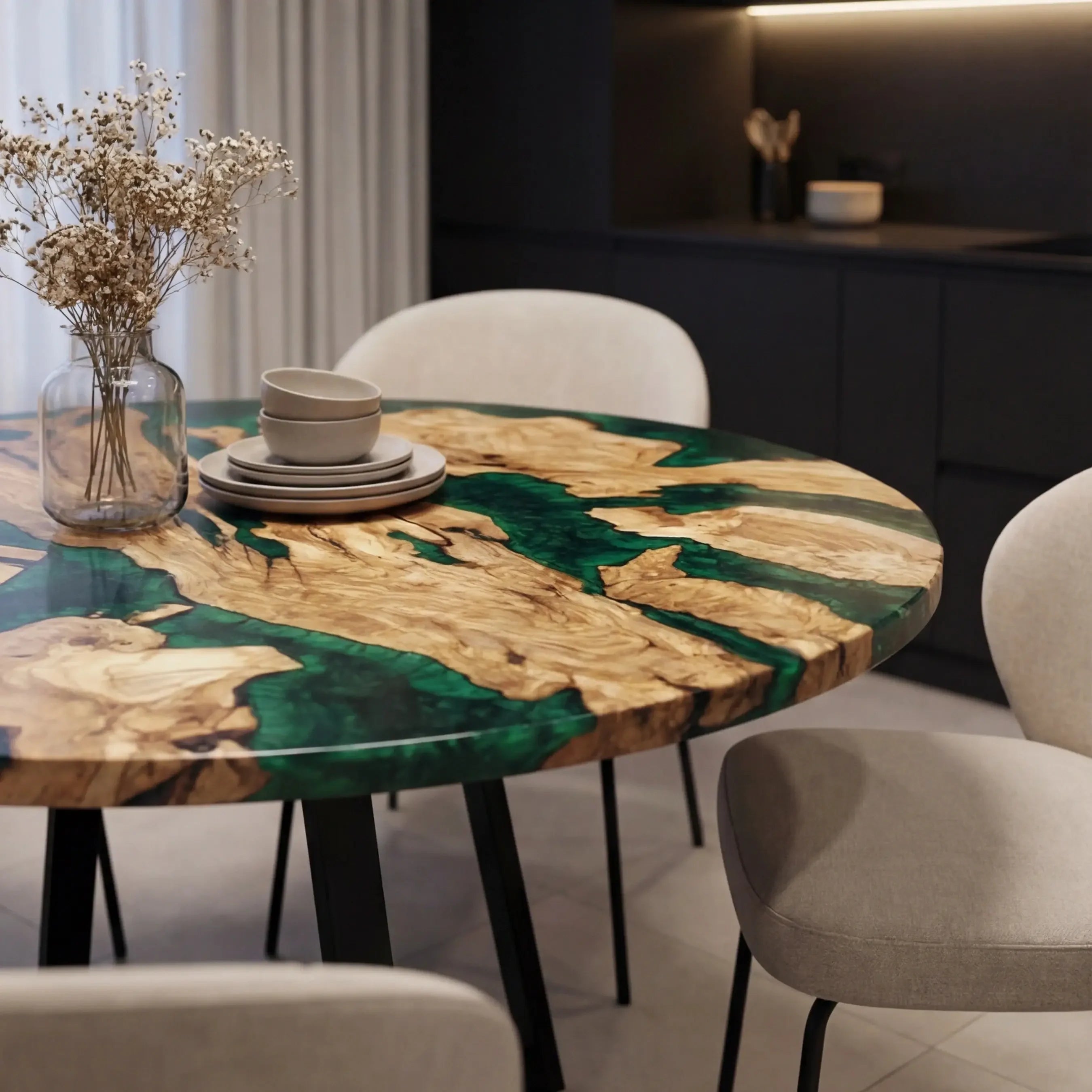 Custom Olive Epoxy Resin Round Coffee Table Green Resin