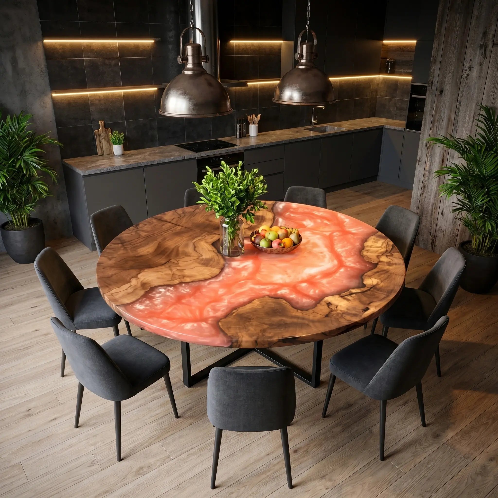 Custom Olive Epoxy Resin Round Coffee Table Orange Resin