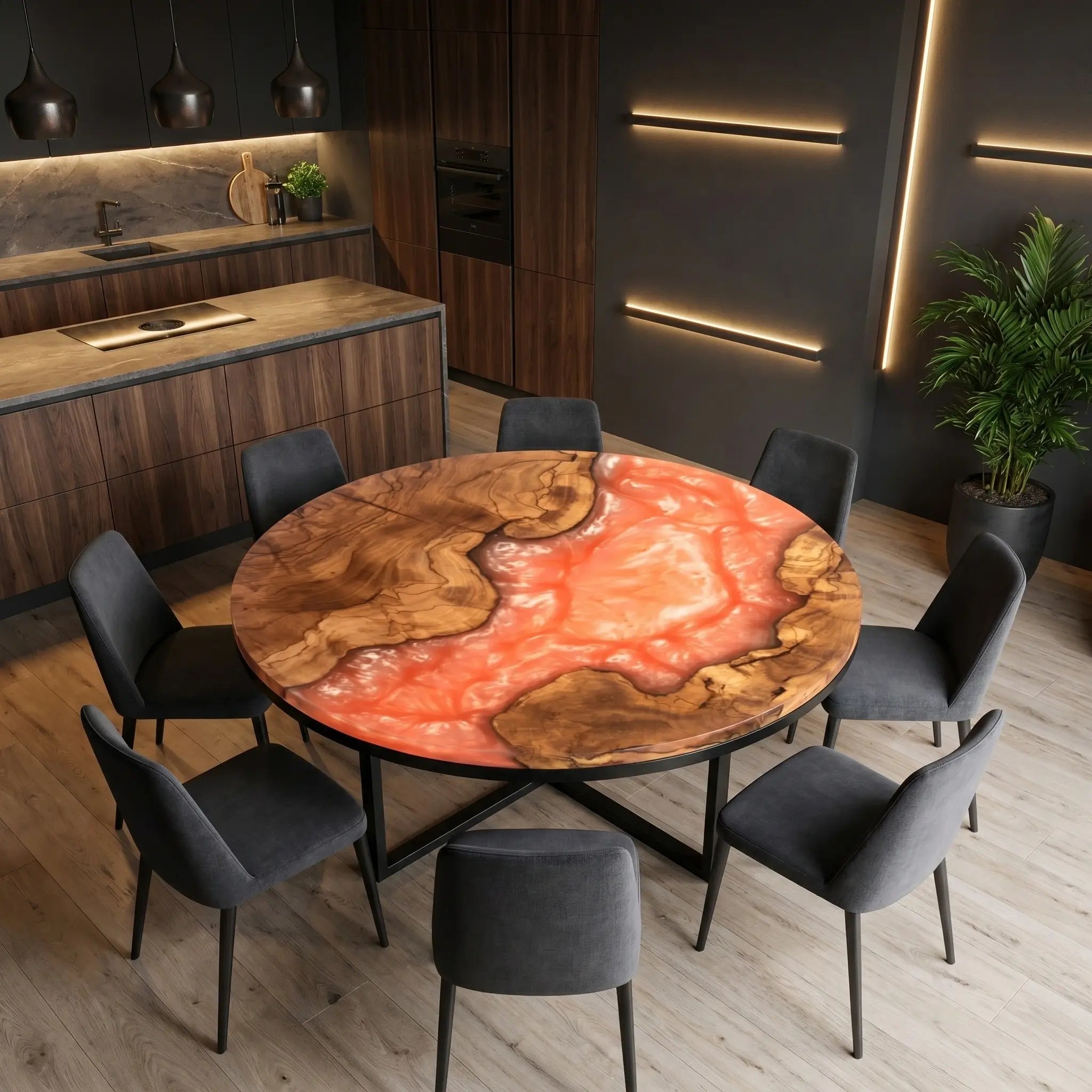 Custom Olive Epoxy Resin Round Coffee Table Orange Resin