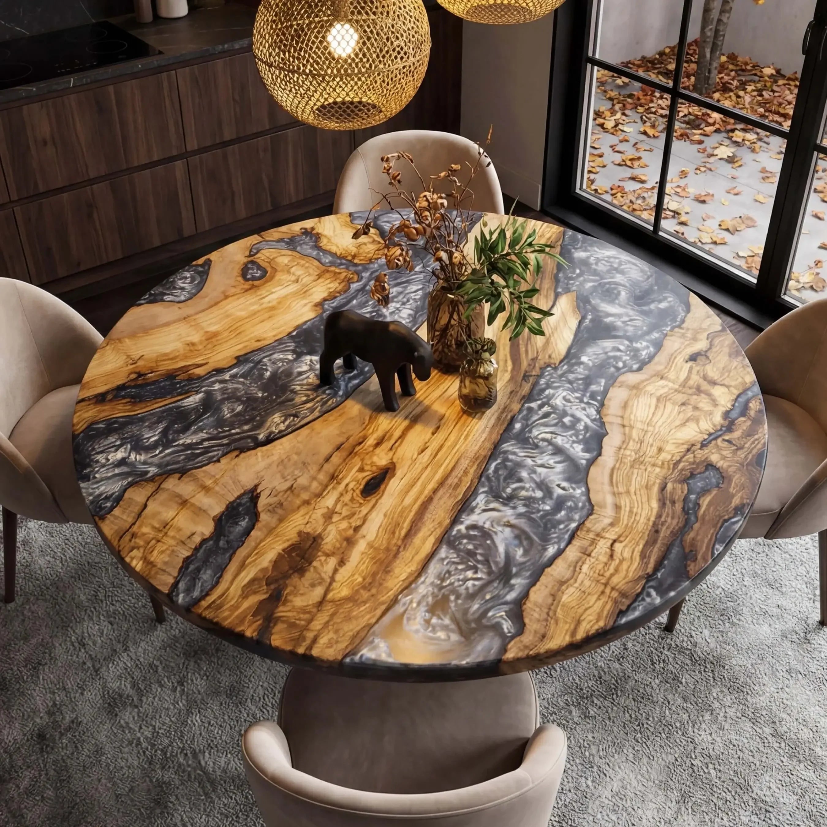 Custom Olive Epoxy Resin Round Coffee Table Pearl Gray Resin