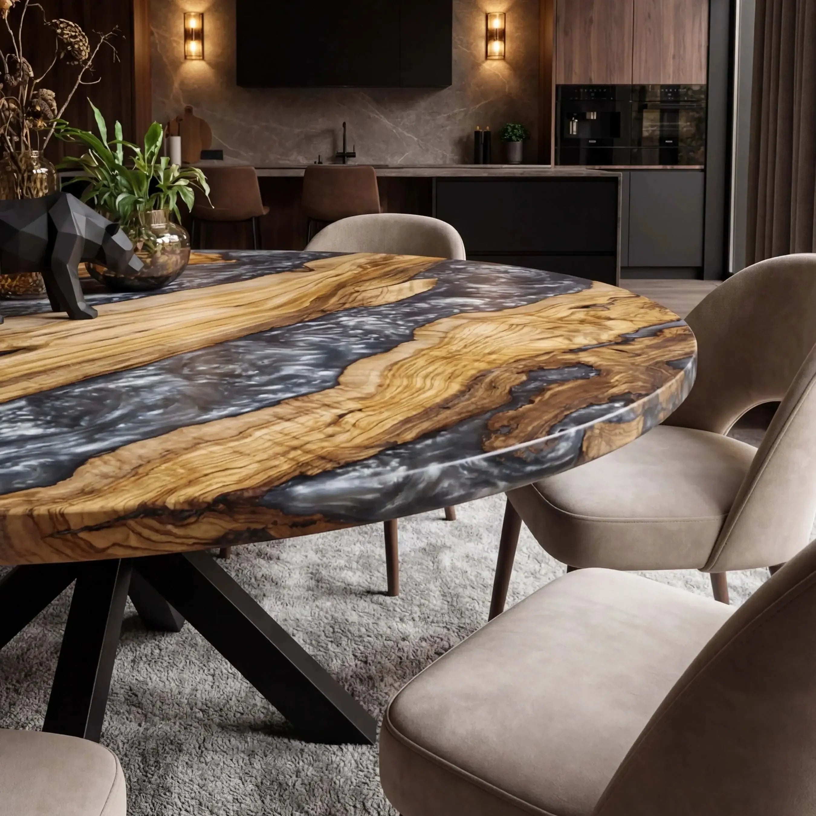 Custom Olive Epoxy Resin Round Coffee Table Pearl Gray Resin