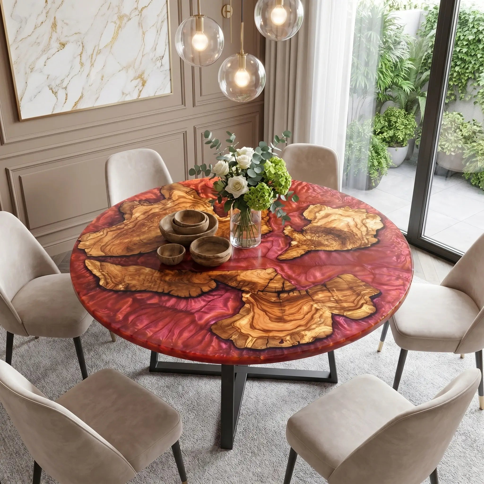Custom Olive Epoxy Resin Round Coffee Table Red Resin