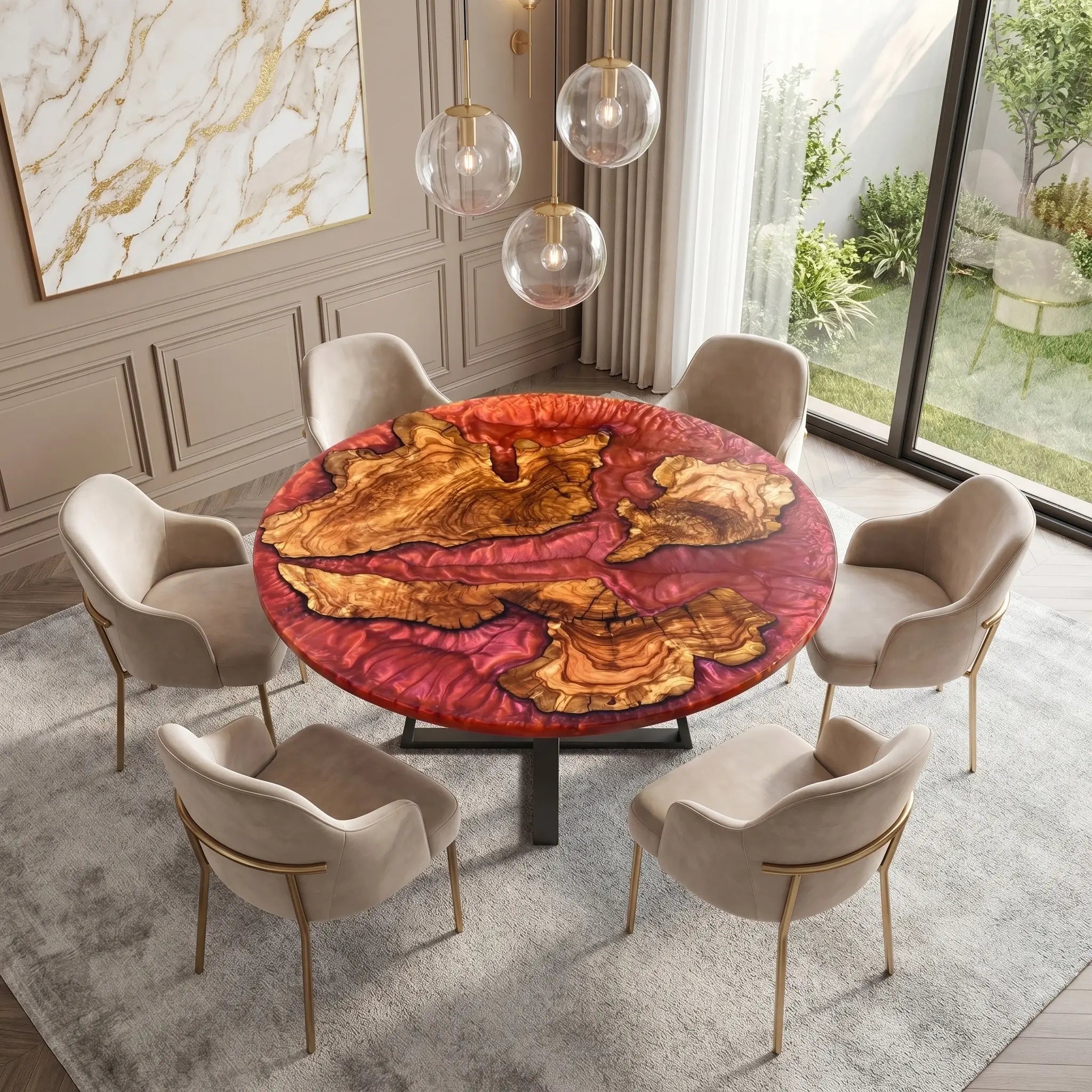 Custom Olive Epoxy Resin Round Coffee Table Red Resin