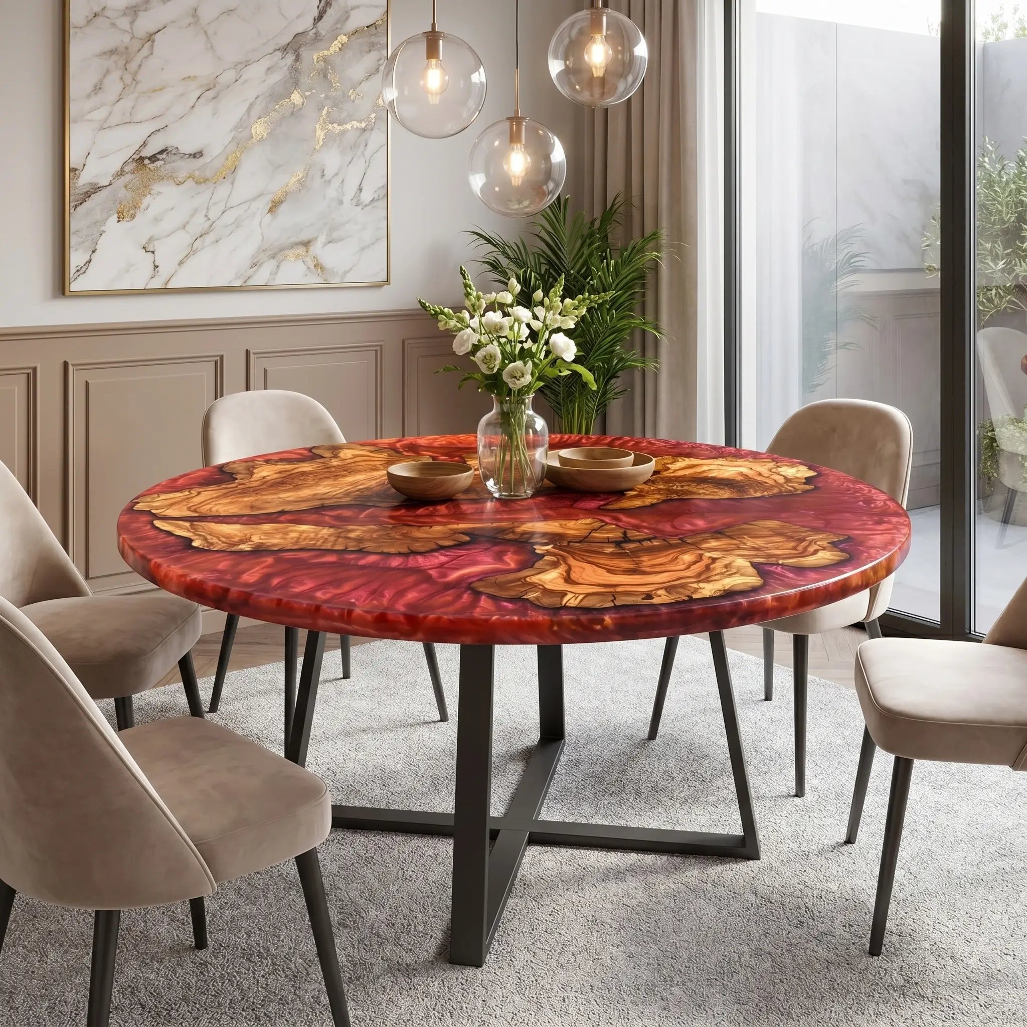 Custom Olive Epoxy Resin Round Coffee Table Red Resin
