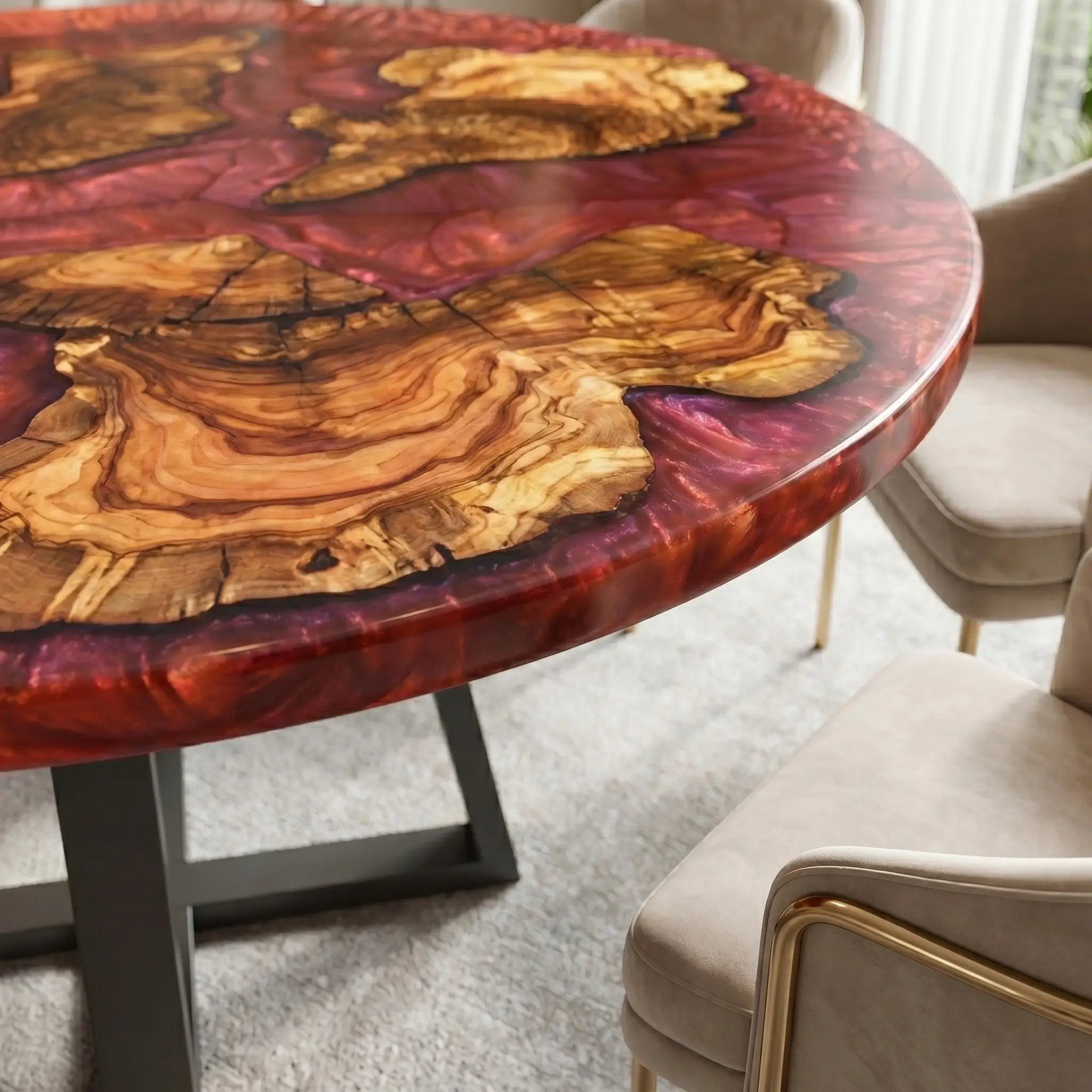Custom Olive Epoxy Resin Round Coffee Table Red Resin