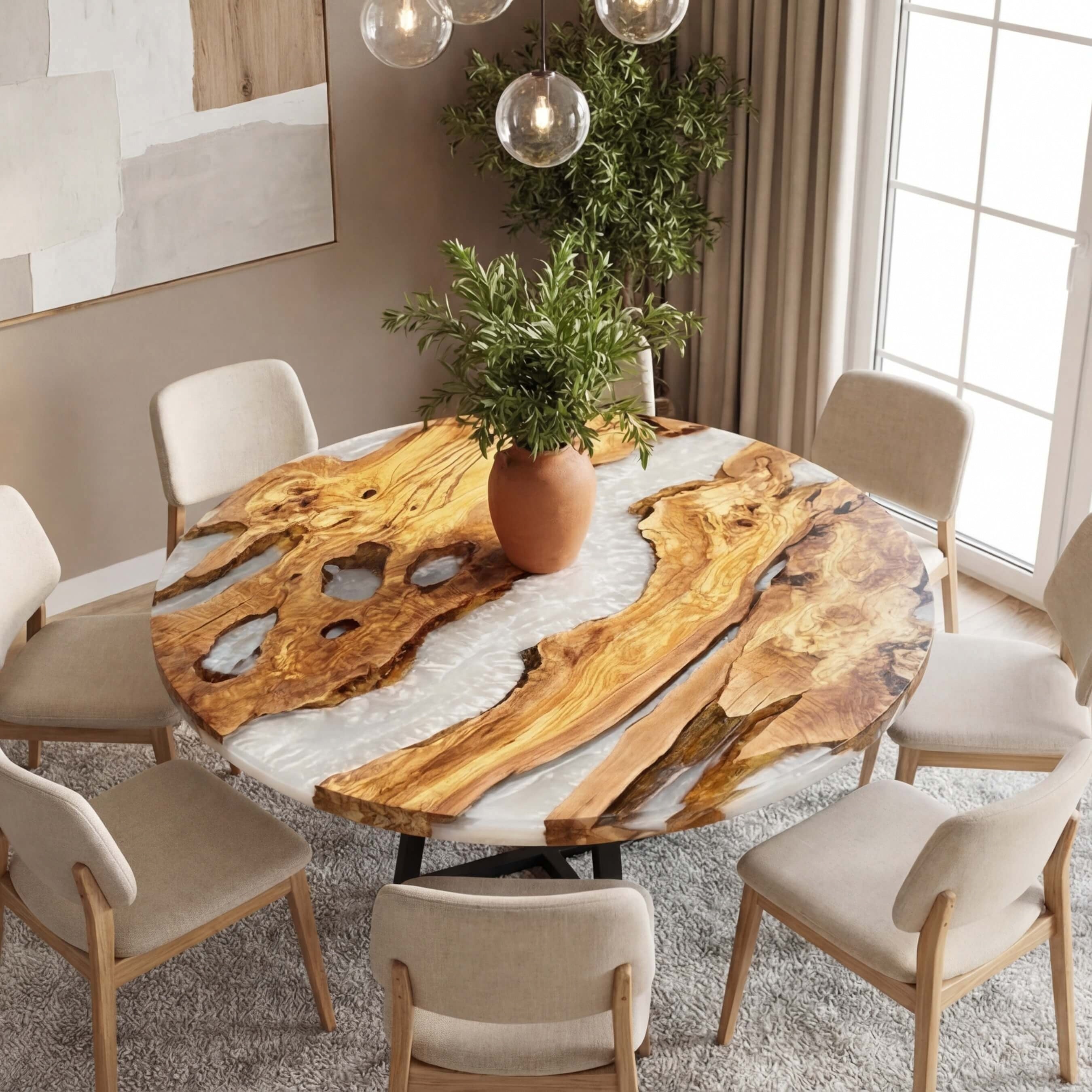 Custom Olive Epoxy Resin Round Coffee Table White Resin