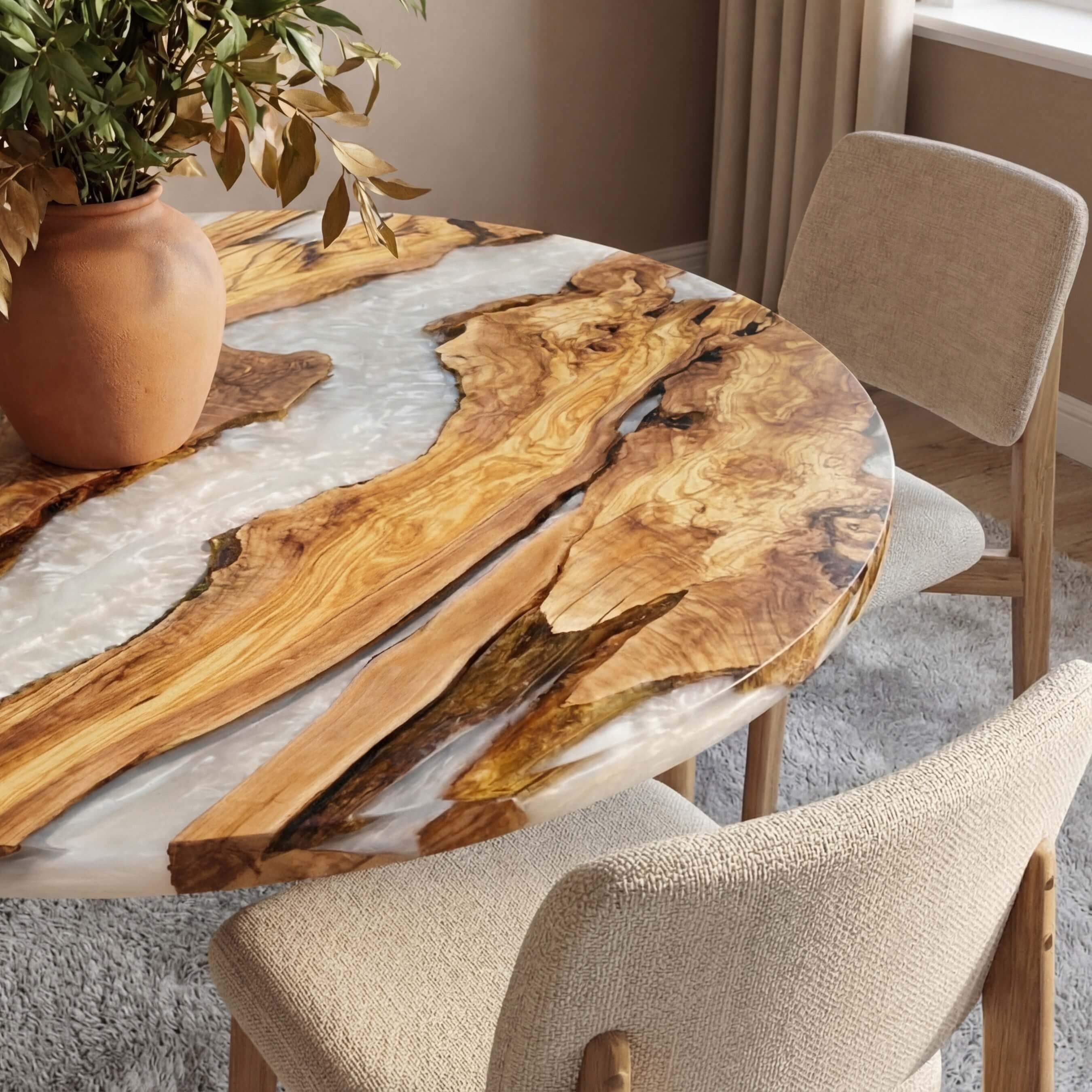 Custom Olive Epoxy Resin Round Coffee Table White Resin