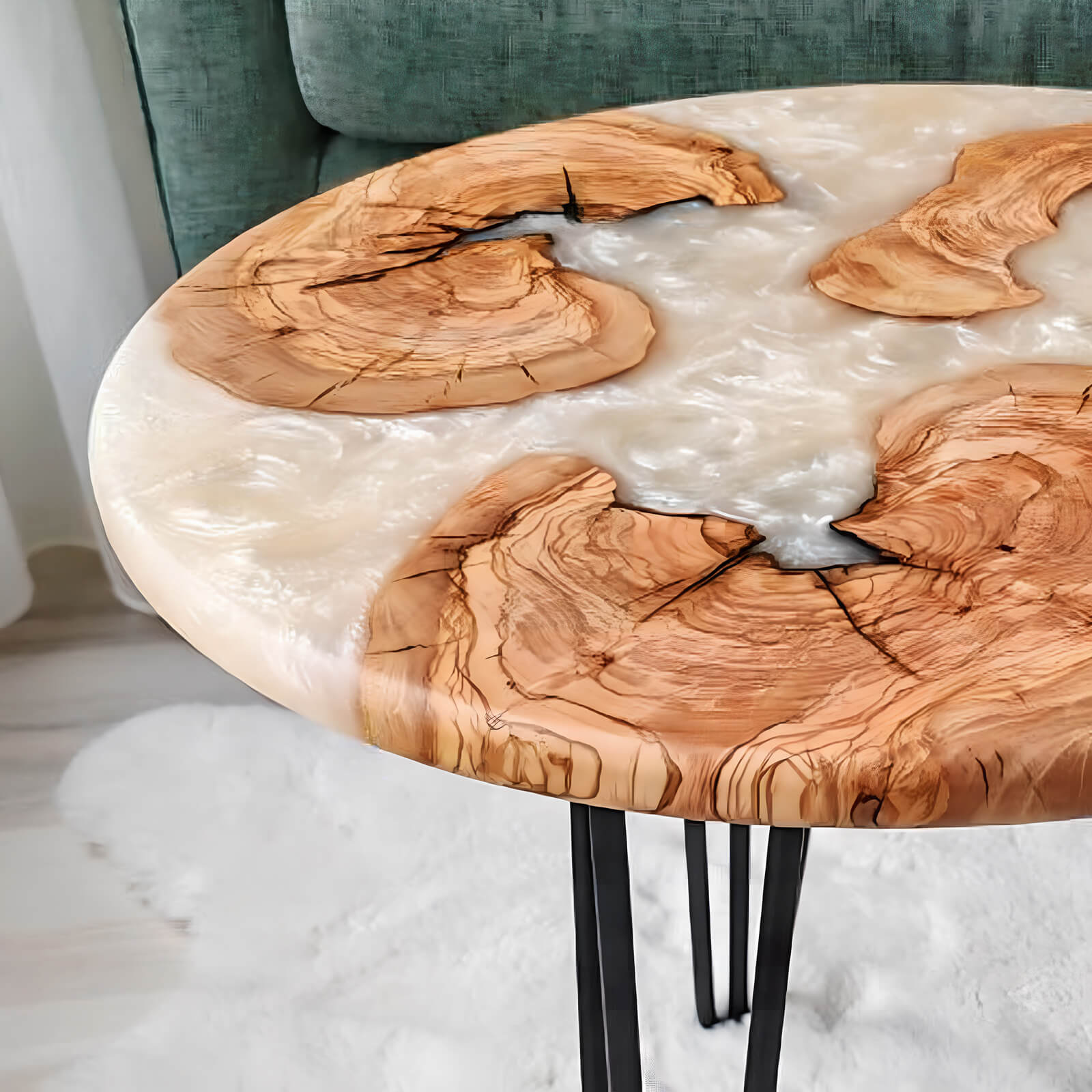 Custom Olive Epoxy Resin Round Coffee Table White Resin