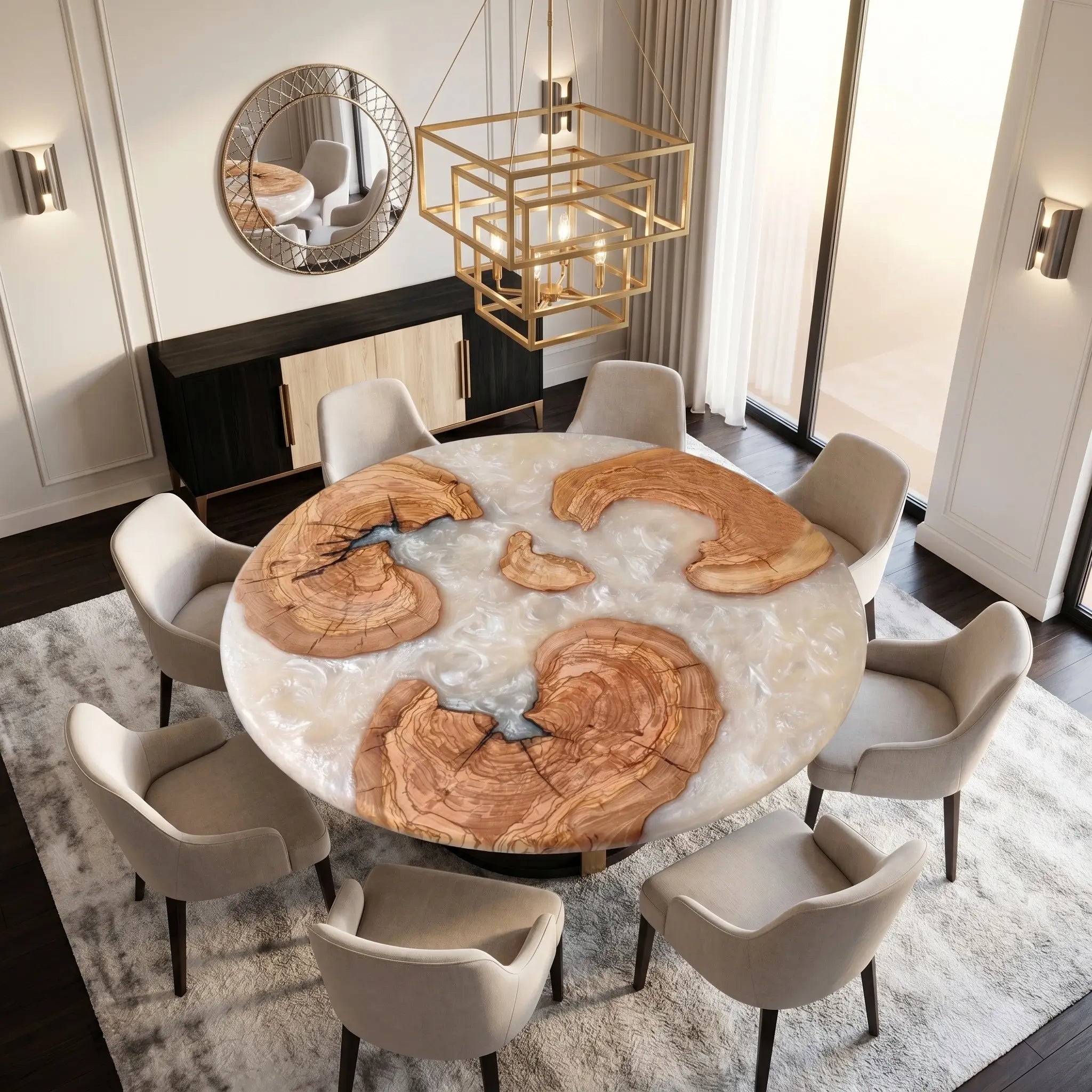 Custom Olive Epoxy Resin Round Coffee Table White Resin