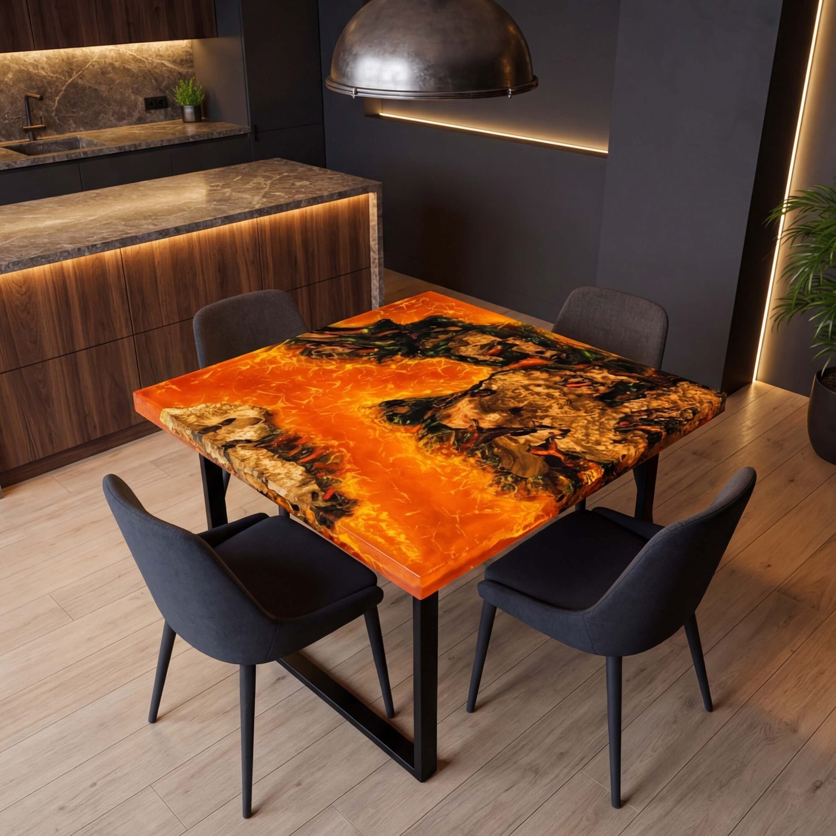 Custom Olive Wood Epoxy Resin River Table Lava Orange RVT-61 - image 2 | ThawHome