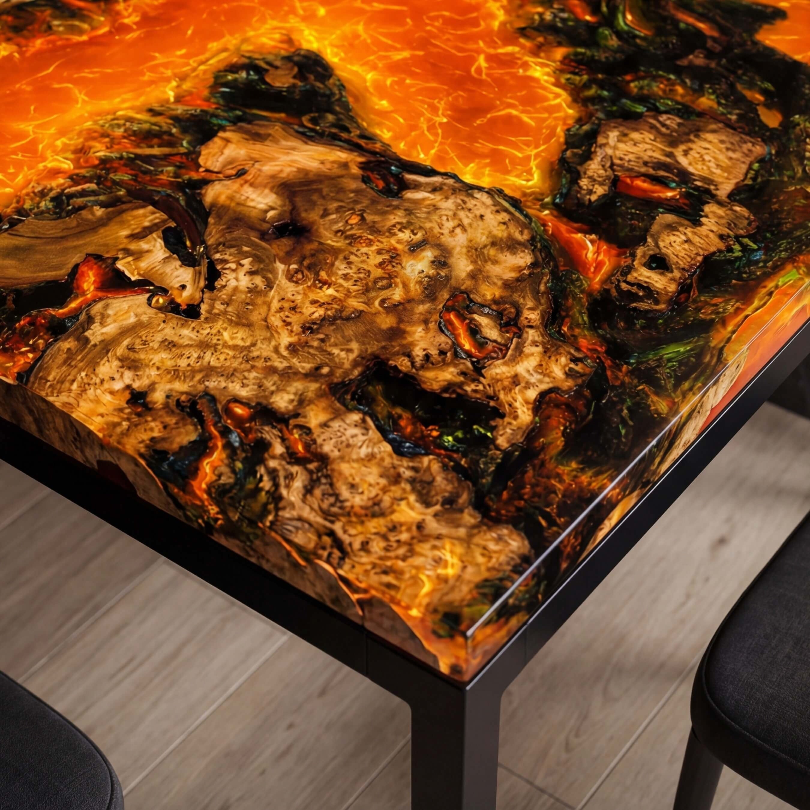 Custom Olive Wood Epoxy Resin River Table Lava Orange RVT-61 - image 5 | ThawHome