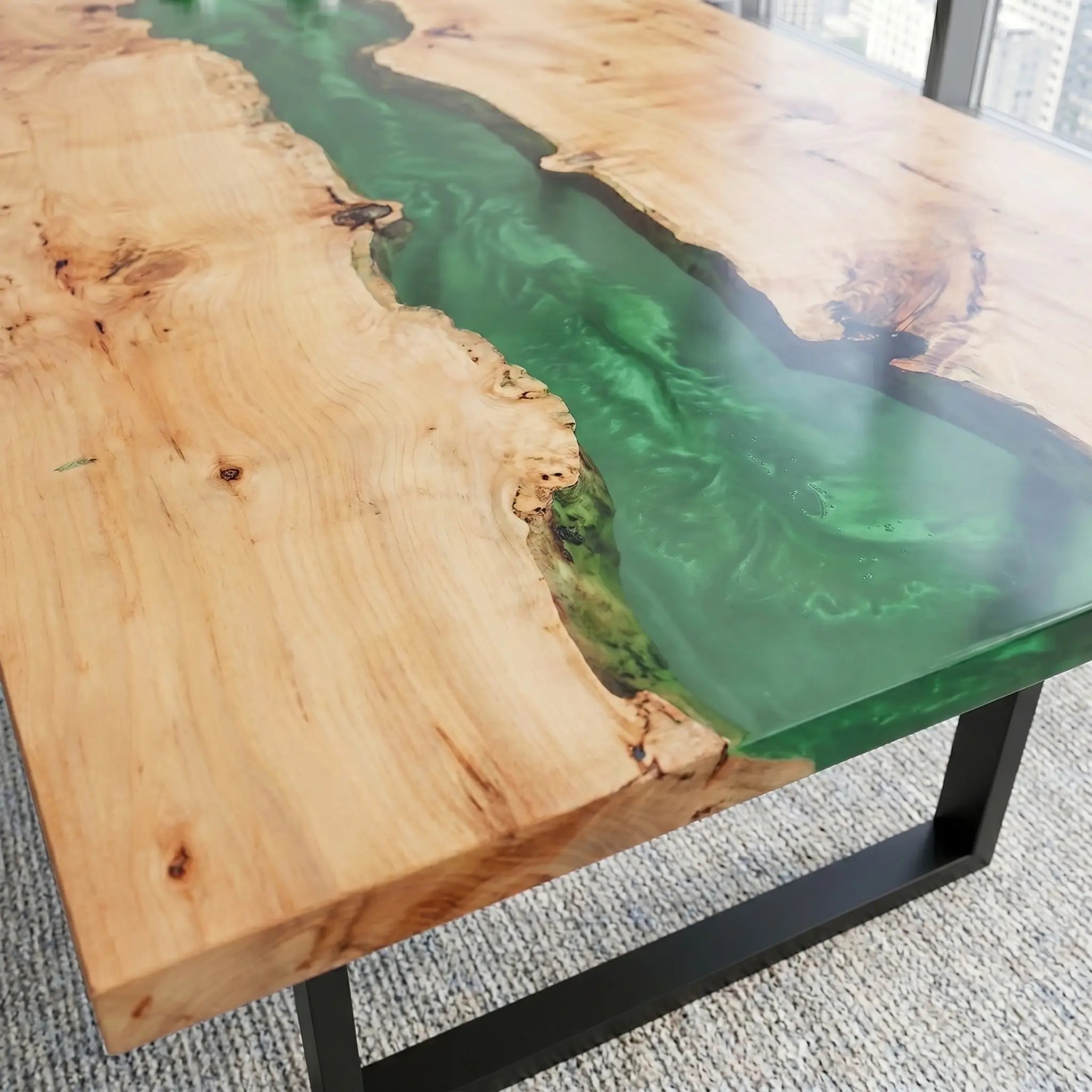 Custom Poplar Epoxy Resin River Conference Table Green Resin