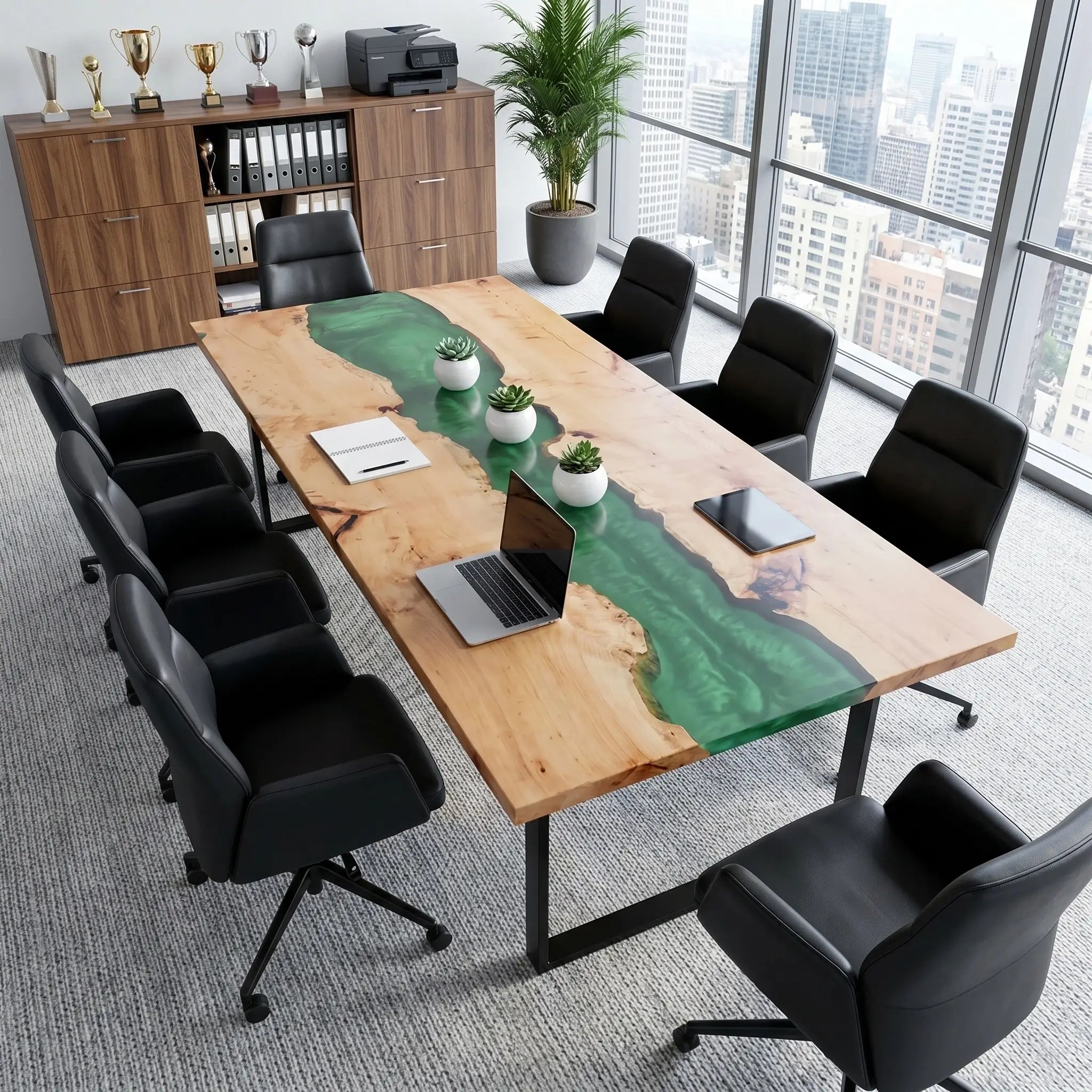 Custom Poplar Epoxy Resin River Conference Table Green Resin