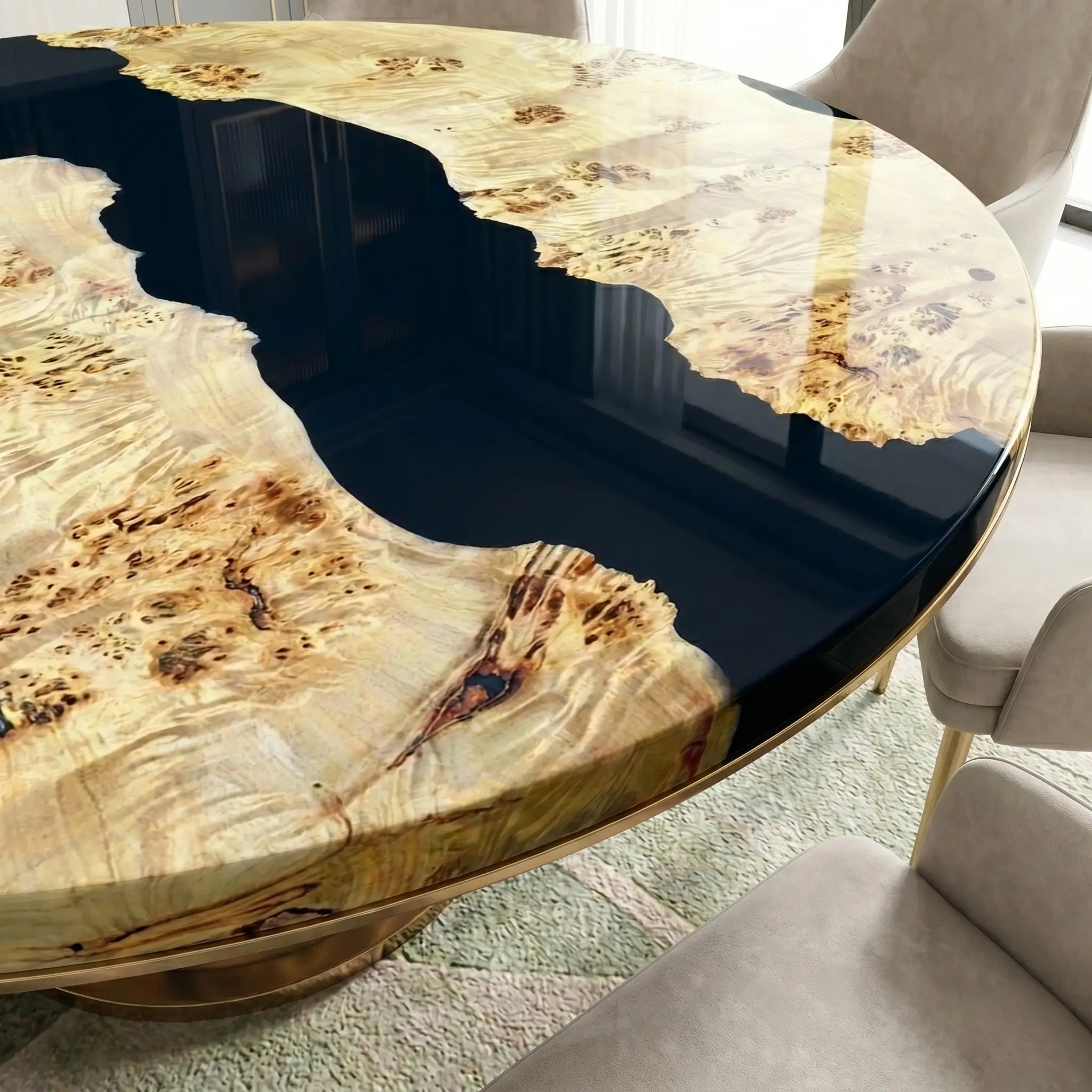 Custom Poplar Epoxy Resin Round Coffee Table Black Resin