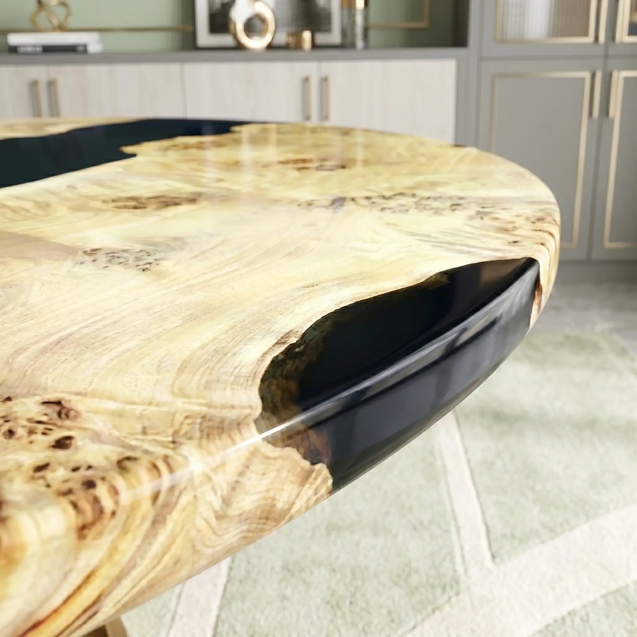 Custom Poplar Epoxy Resin Round Coffee Table Black Resin