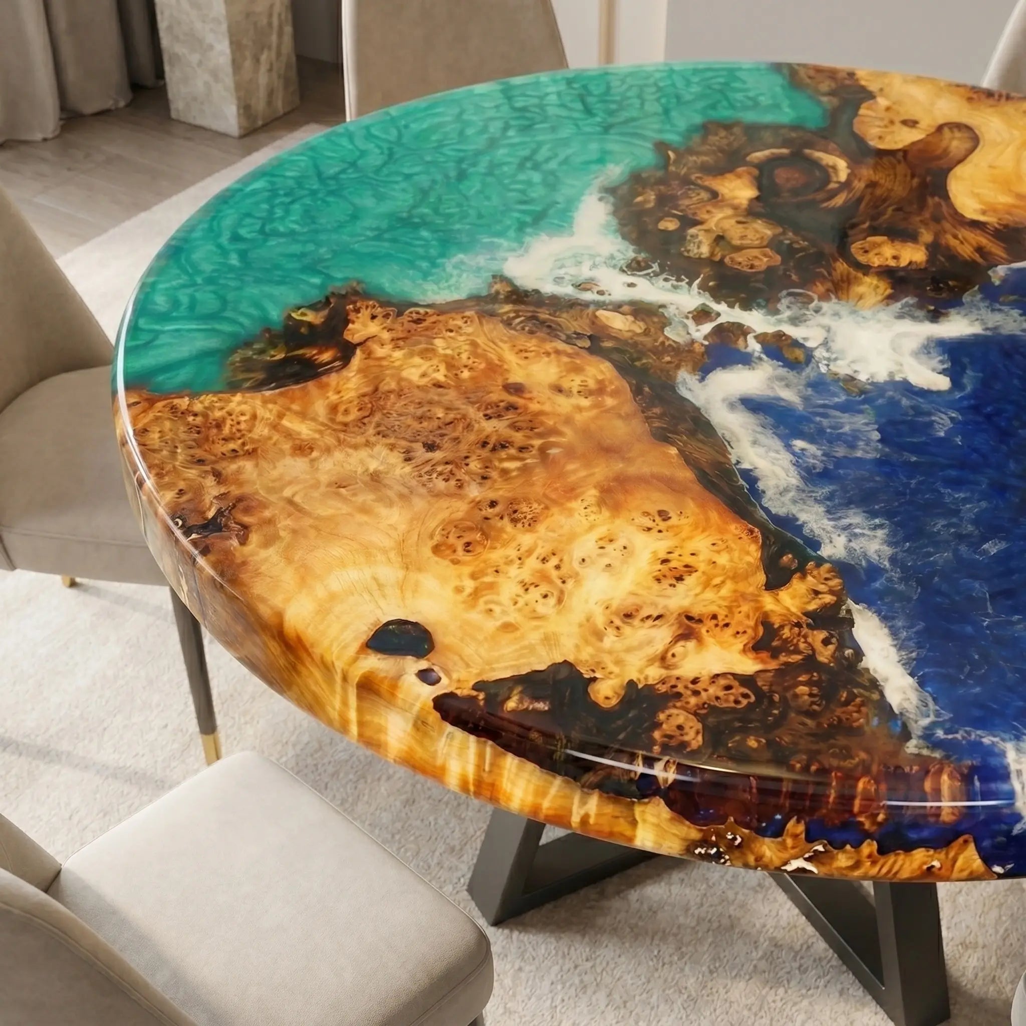 Custom Poplar Epoxy Resin Round Coffee Table Blue Green