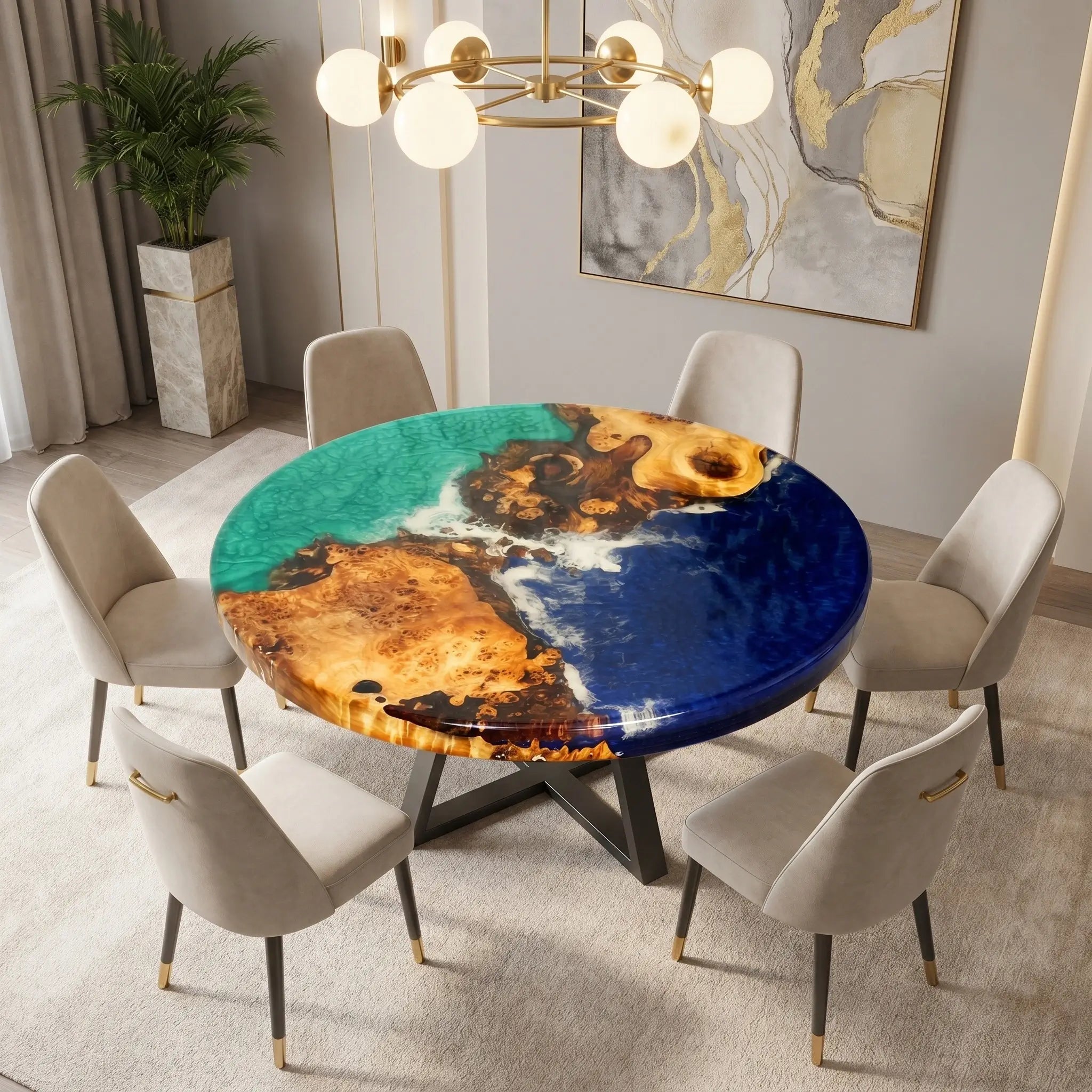 Custom Poplar Epoxy Resin Round Coffee Table Blue Green