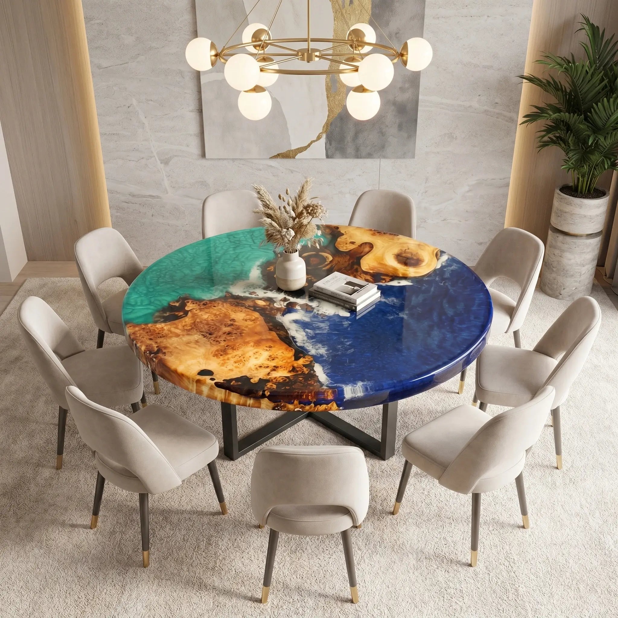 Custom Poplar Epoxy Resin Round Coffee Table Blue Green