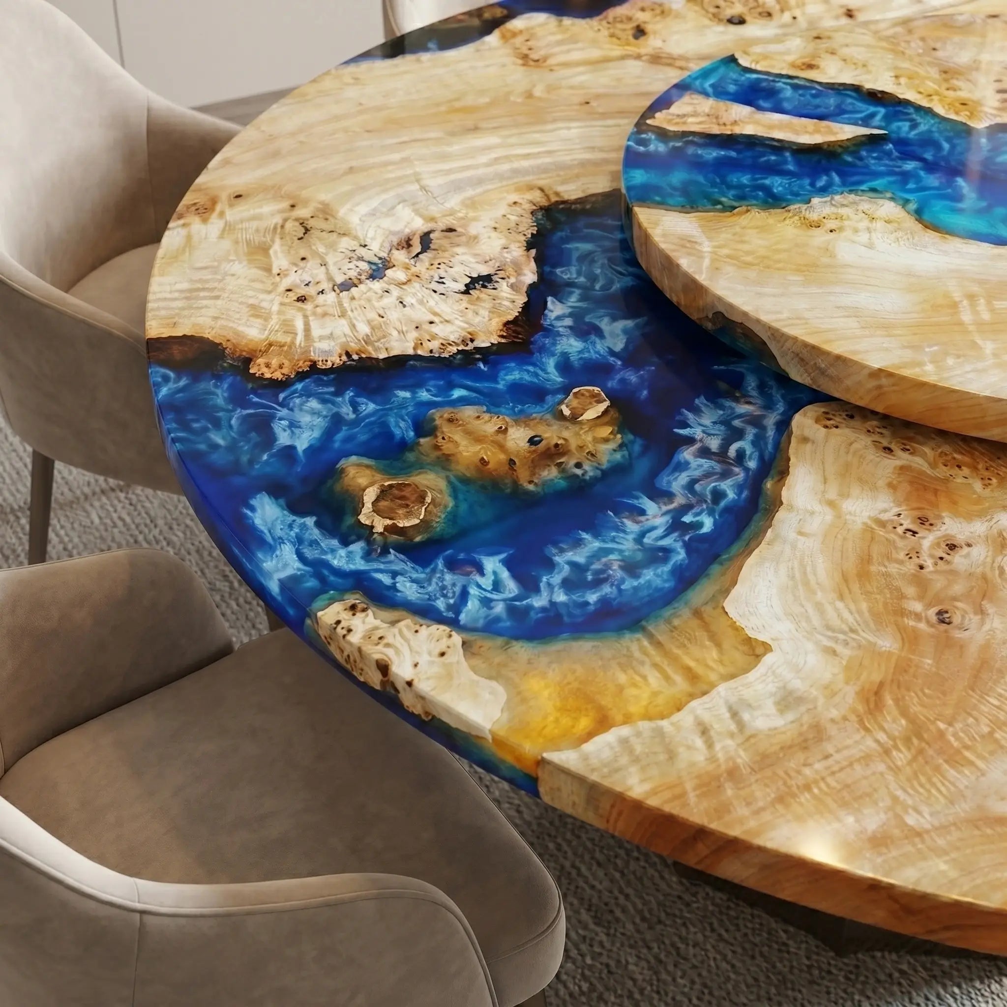 Custom Poplar Epoxy Resin Round Coffee Table Blue Resin