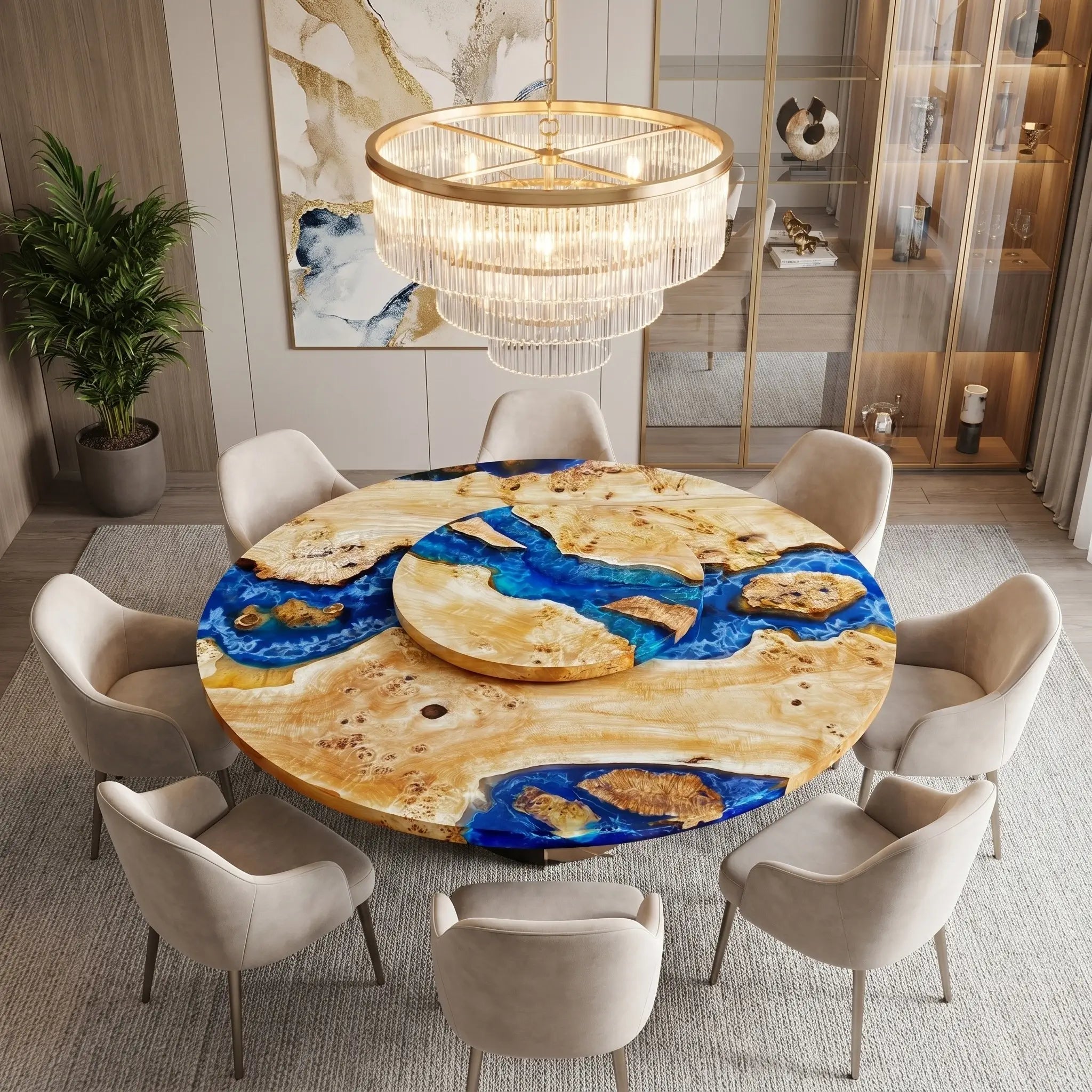 Custom Poplar Epoxy Resin Round Coffee Table Blue Resin