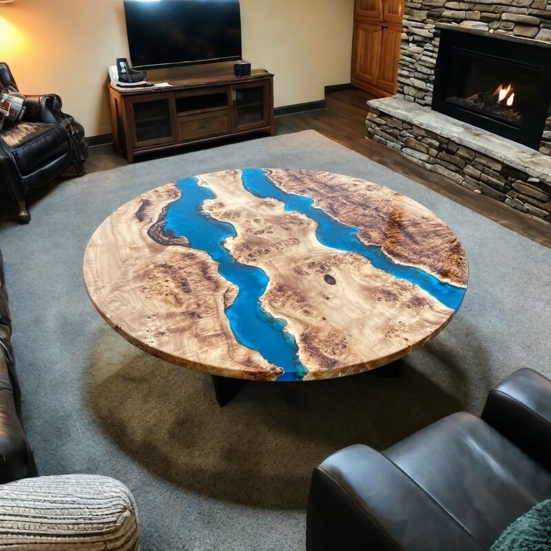 Custom Poplar Epoxy Resin Round Coffee Table Blue Resin