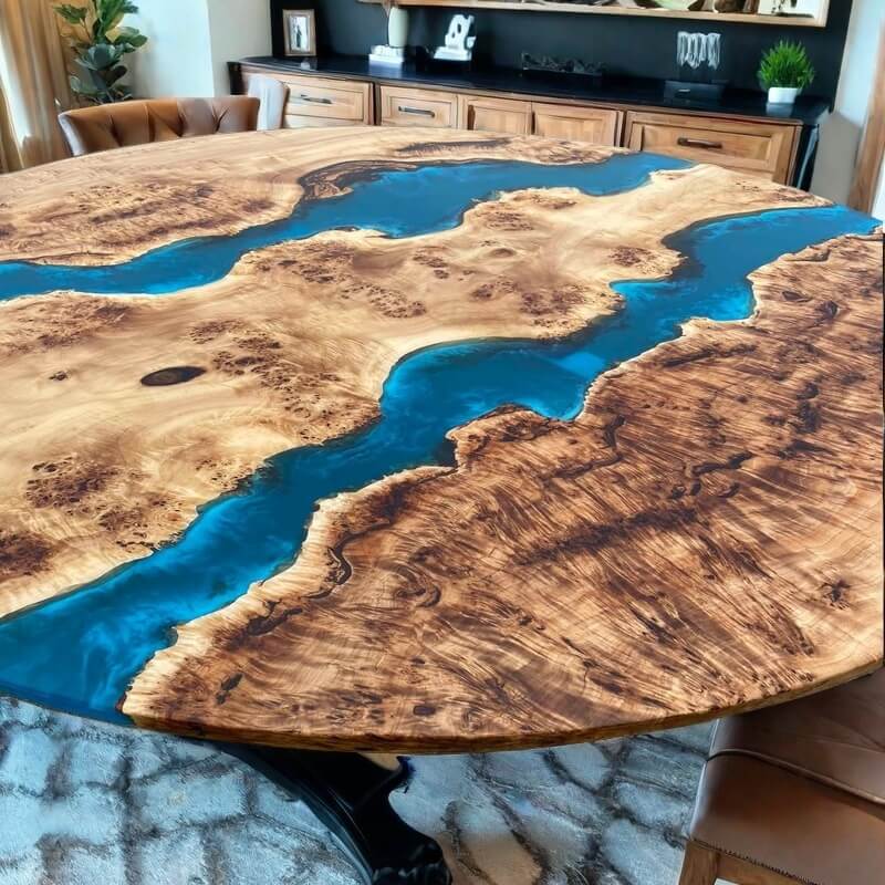 Custom Poplar Epoxy Resin Round Coffee Table Blue Resin