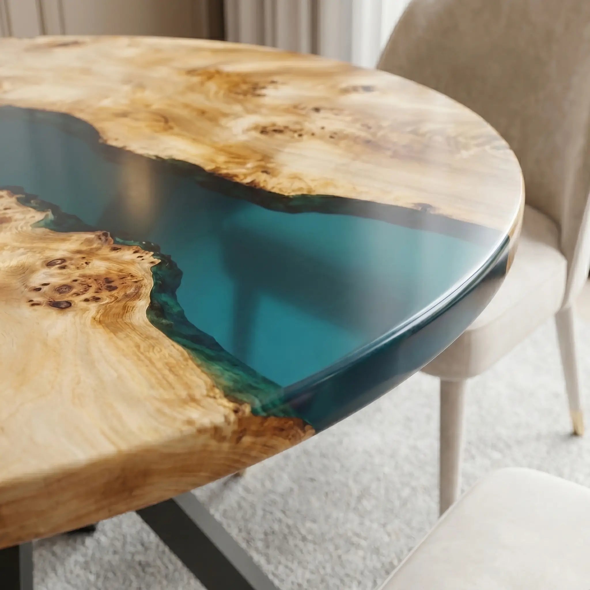 Custom Poplar Epoxy Resin Round Coffee Table Blue Resin