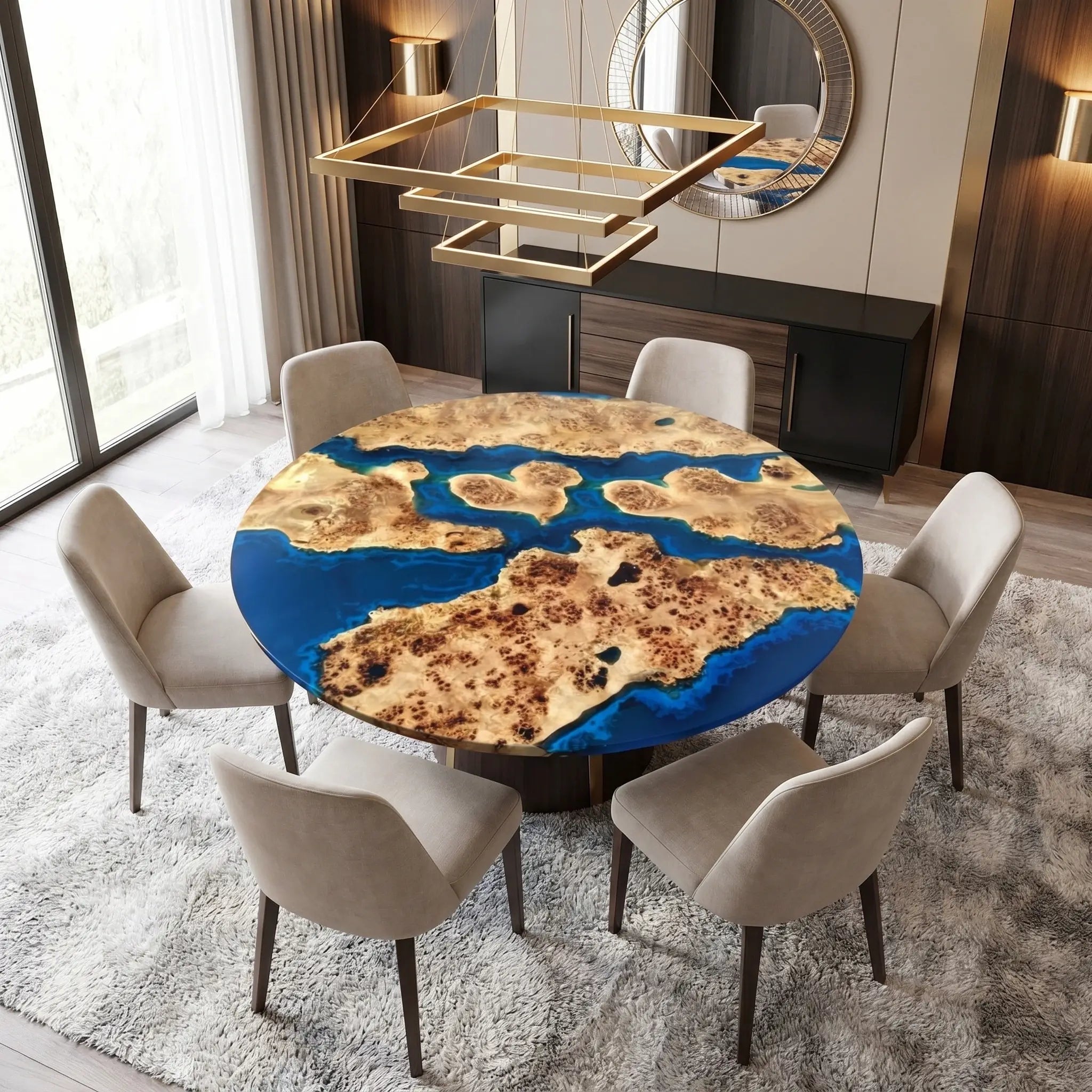 Custom Poplar Epoxy Resin Round Coffee Table Blue Resin