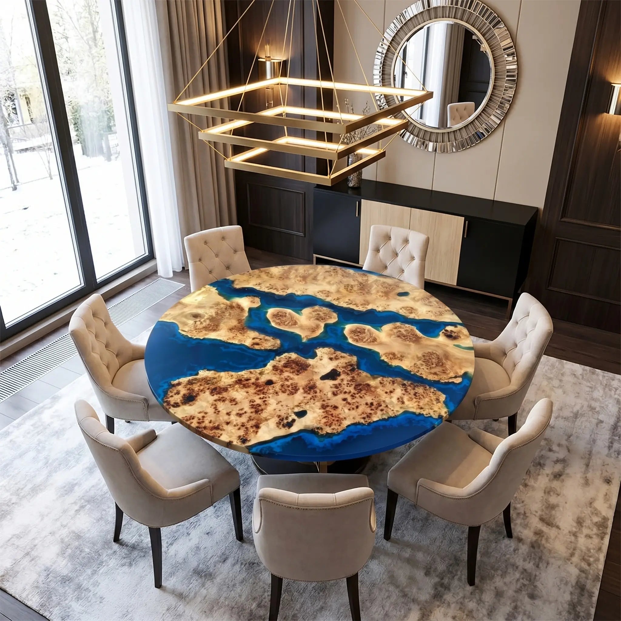 Custom Poplar Epoxy Resin Round Coffee Table Blue Resin