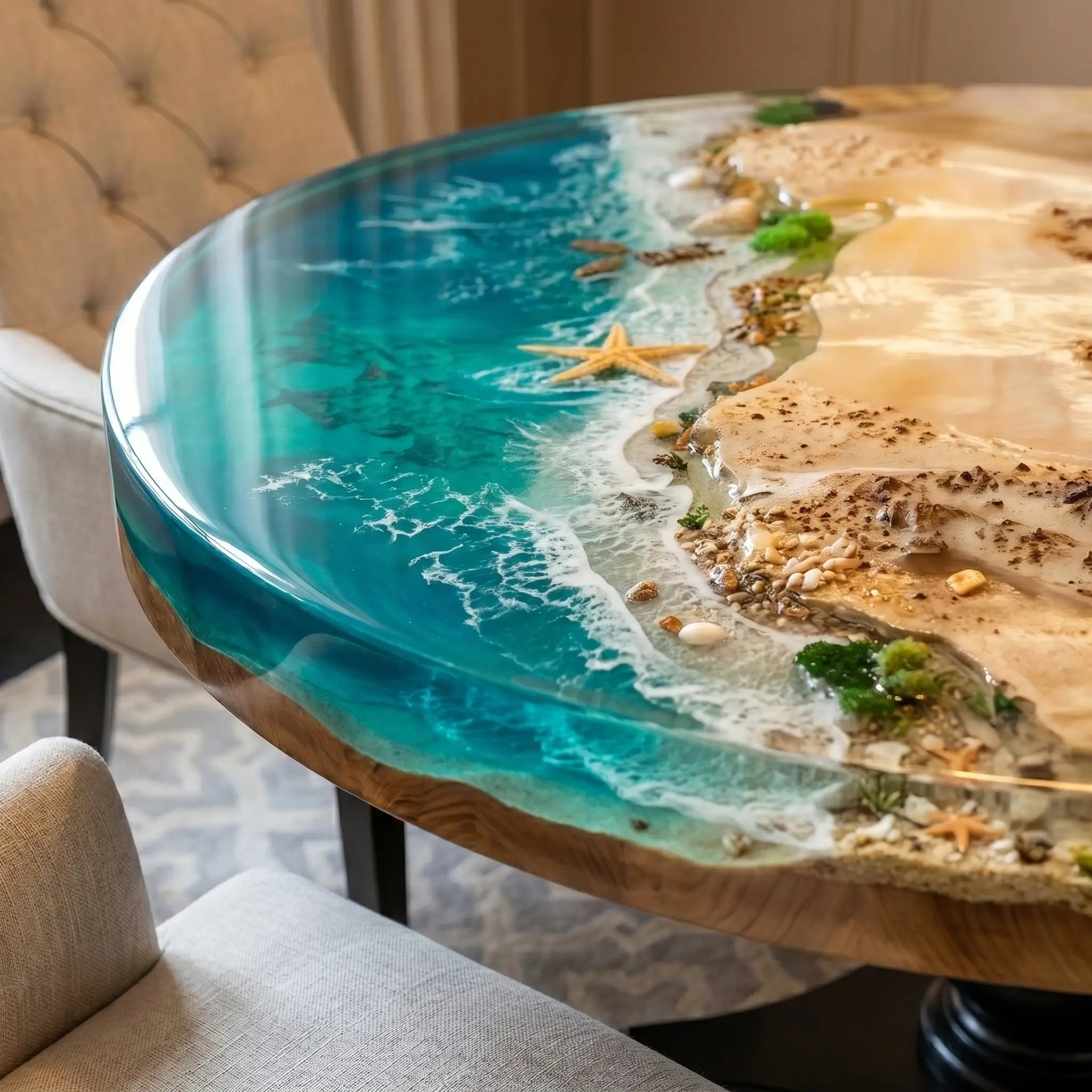 Custom Poplar Epoxy Resin Round Coffee Table Blue Resin