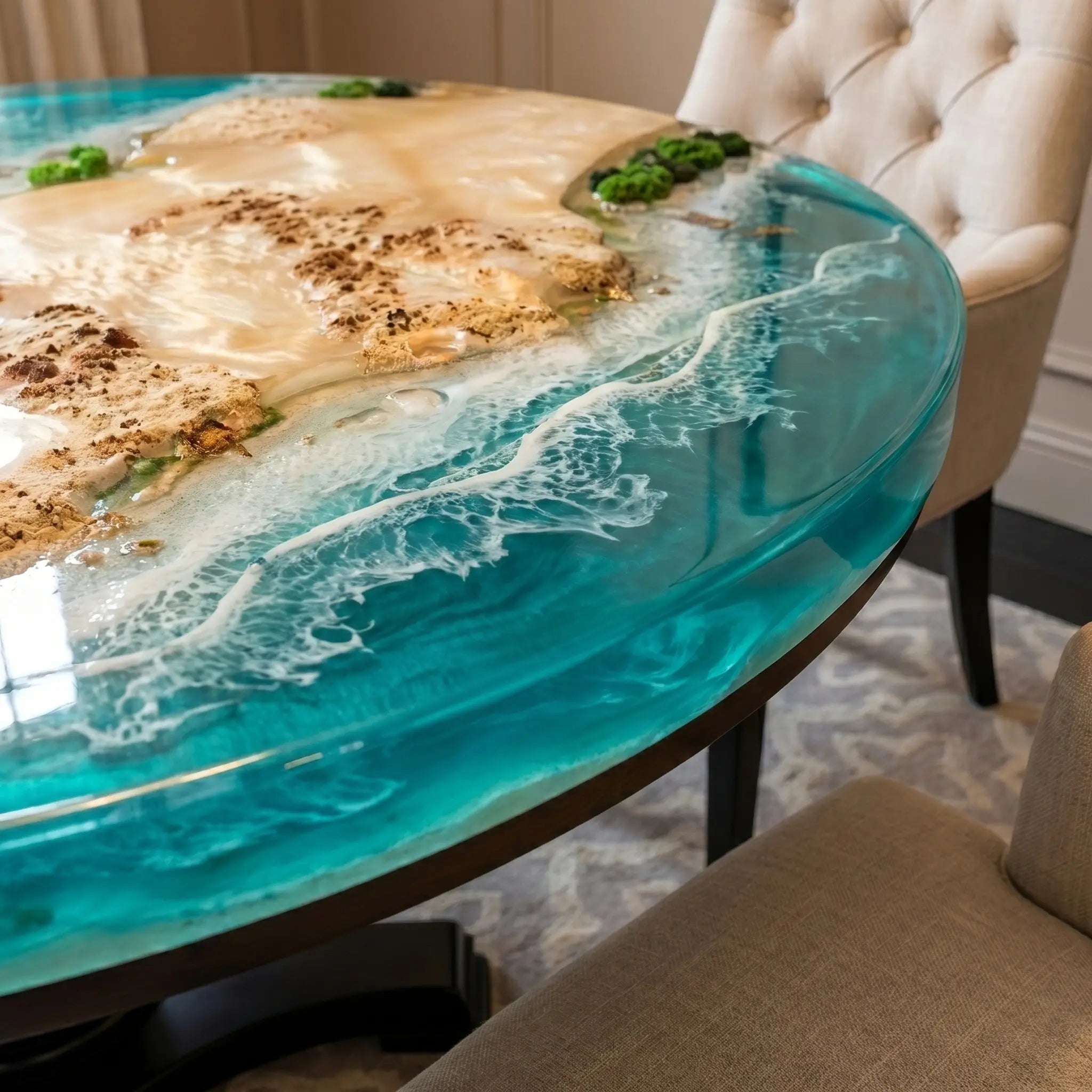 Custom Poplar Epoxy Resin Round Coffee Table Blue Resin