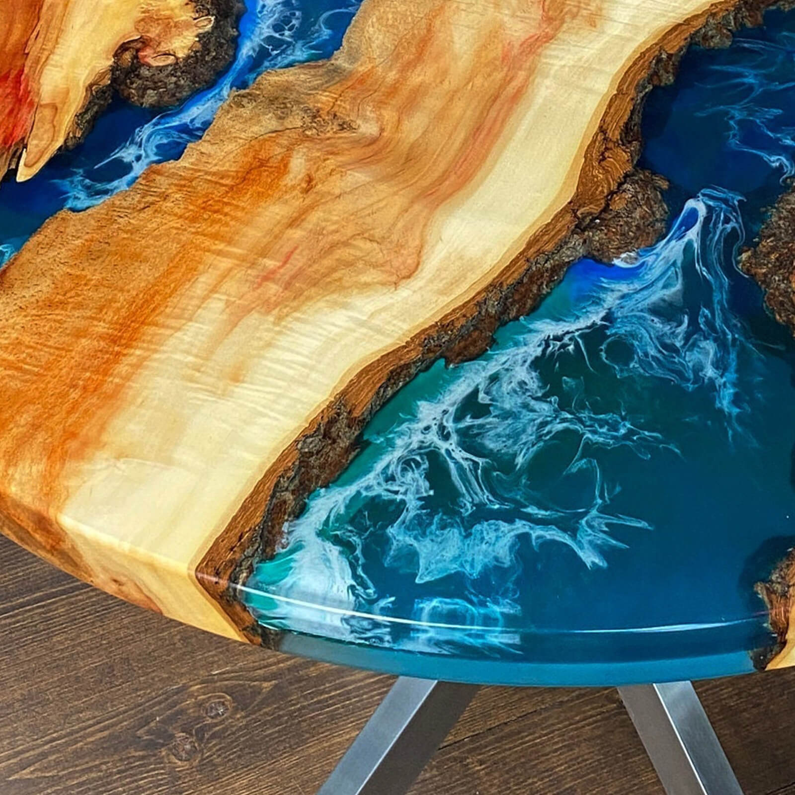 Custom Poplar Epoxy Resin Round Coffee Table Blue Waves