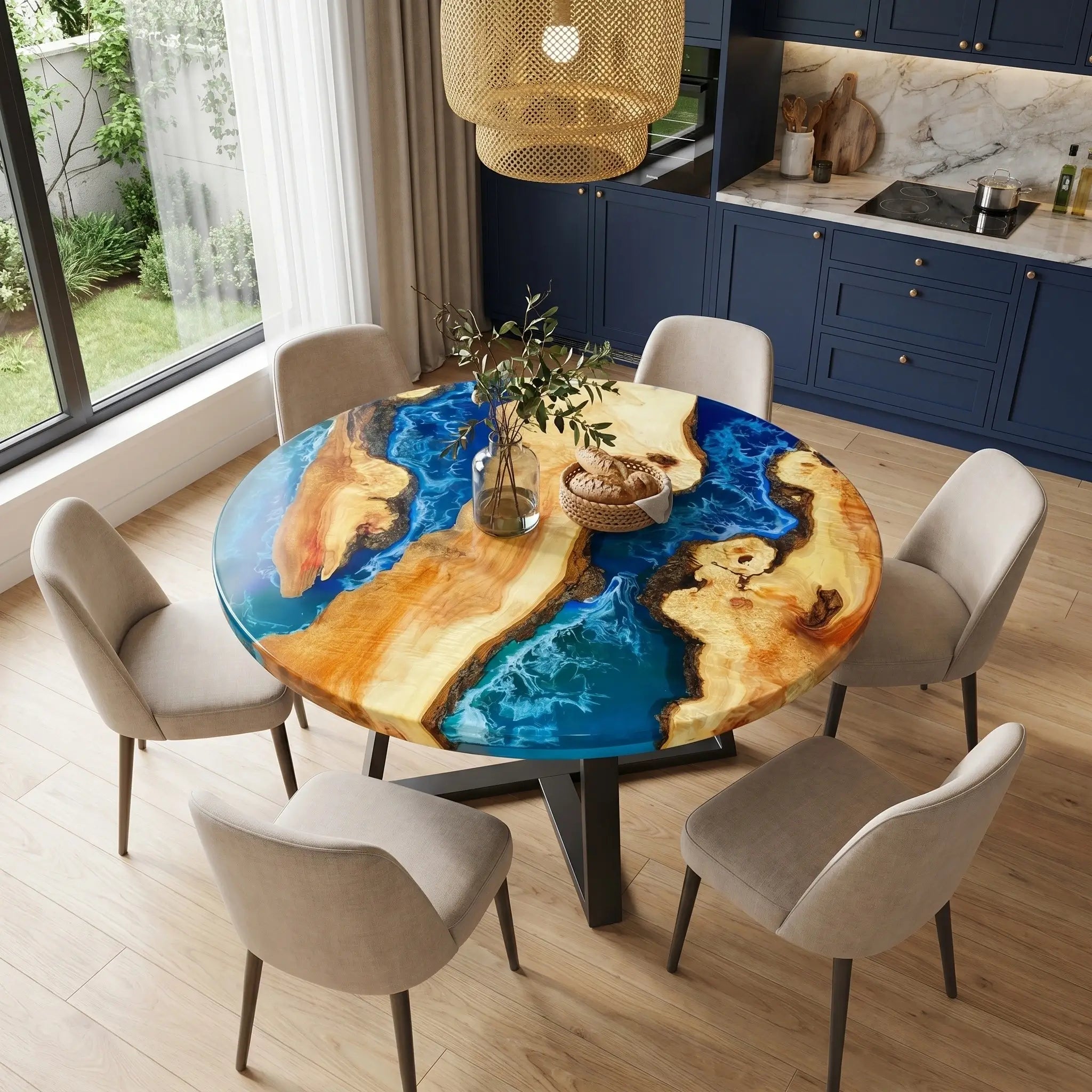Custom Poplar Epoxy Resin Round Coffee Table Blue Waves