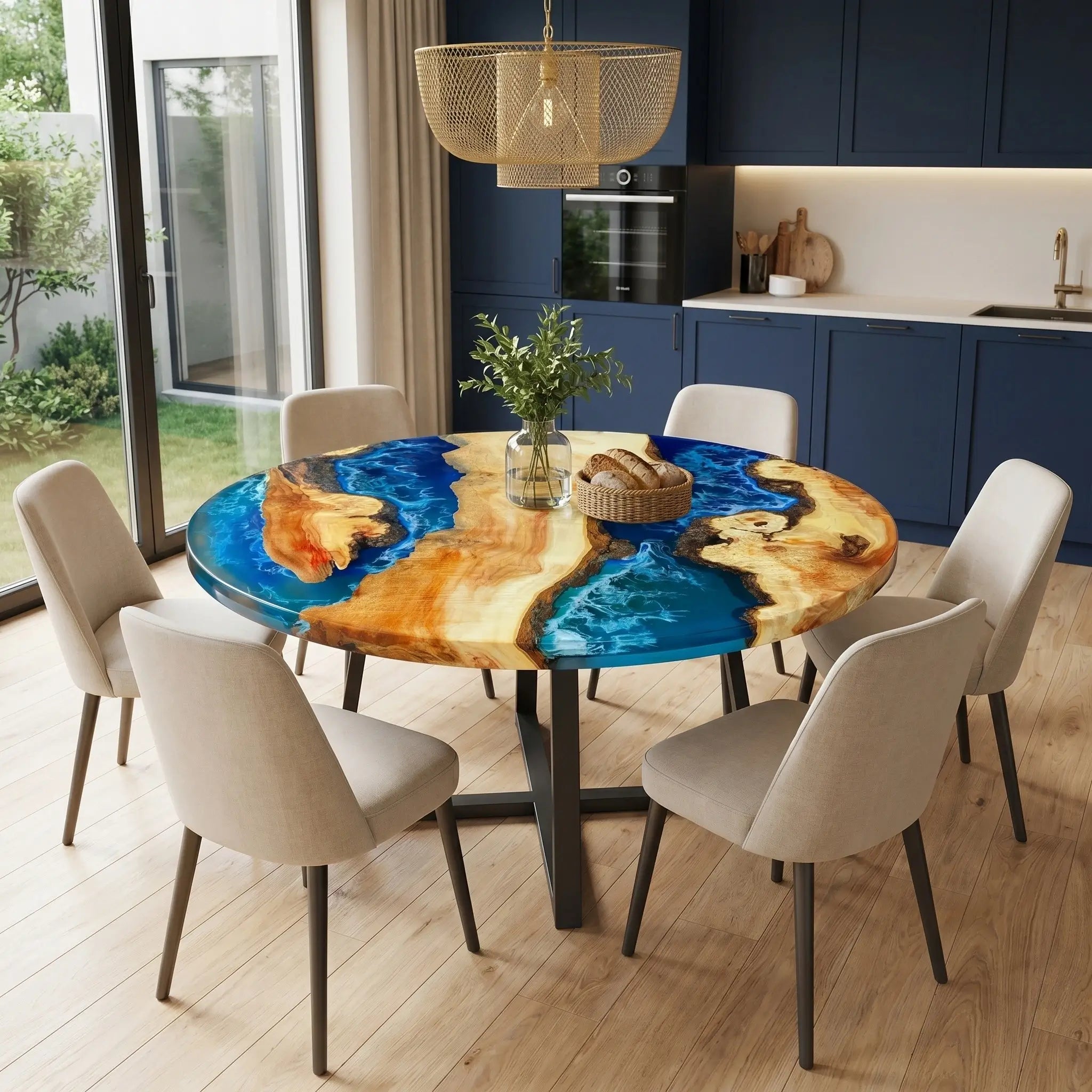 Custom Poplar Epoxy Resin Round Coffee Table Blue Waves