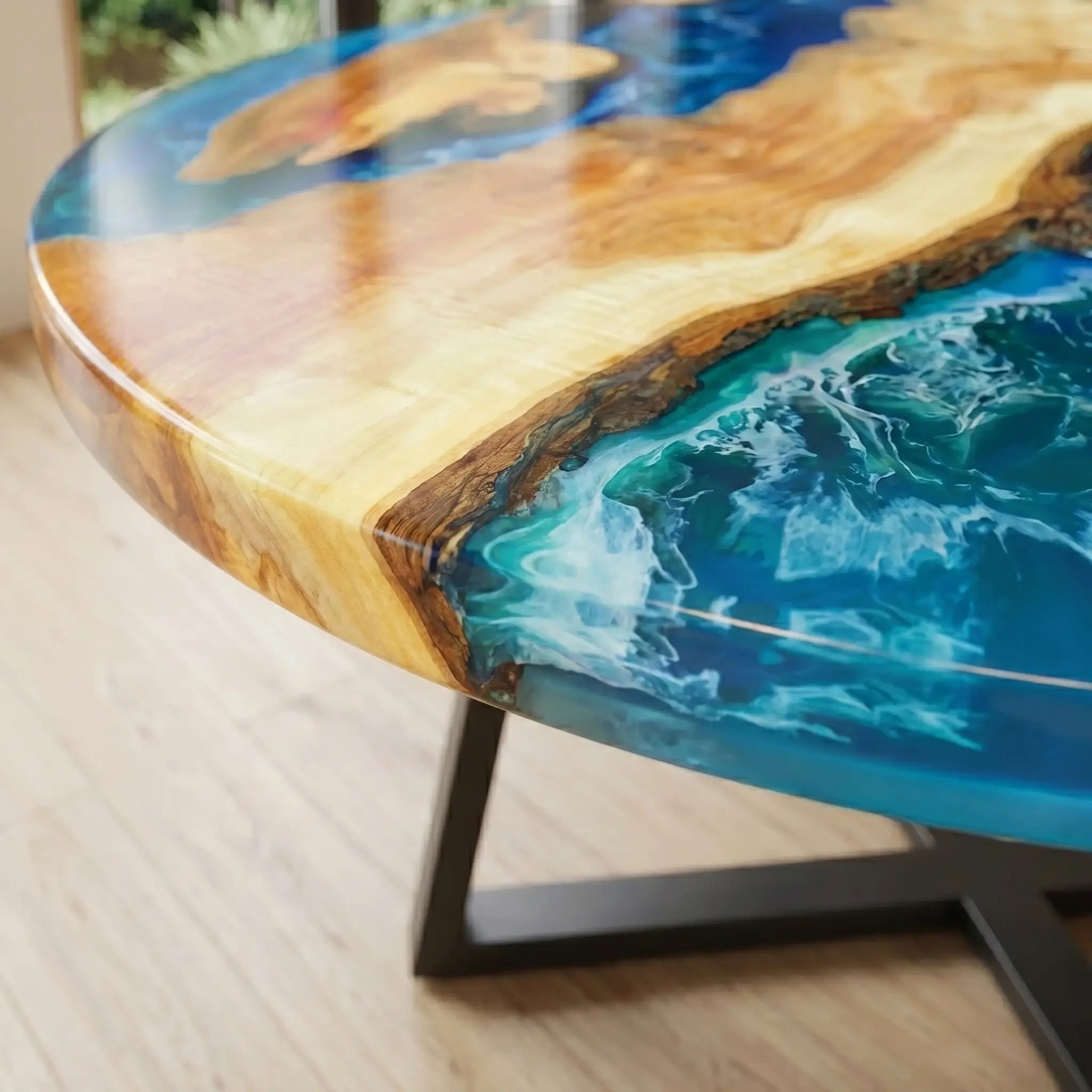 Custom Poplar Epoxy Resin Round Coffee Table Blue Waves